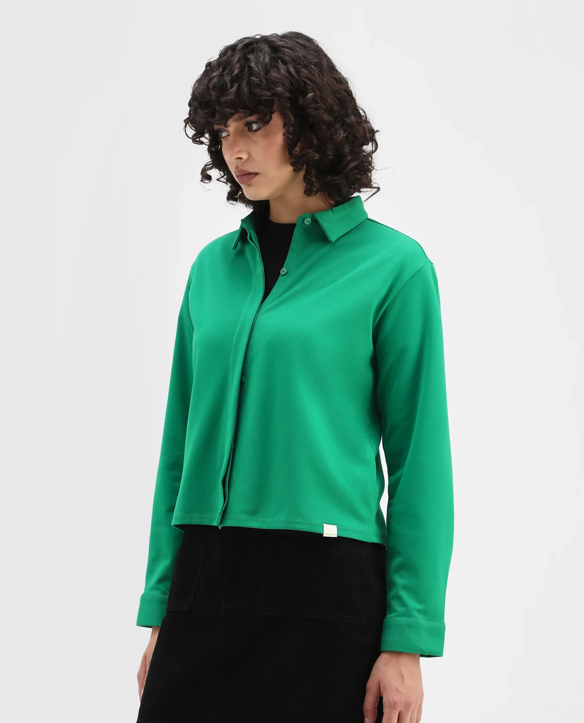 Rareism Women's Ellery Green Cotton Blend Drop Collar Plain Regular Fit Shirt - Image 6
