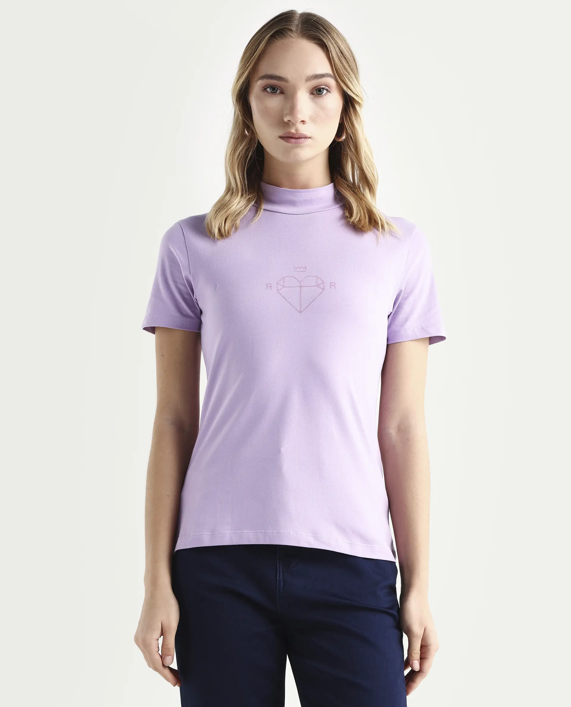 Rareism Women's Ellie Purple Cotton High Neck Graphic Print Regular Fit T-Shirt - Image 3