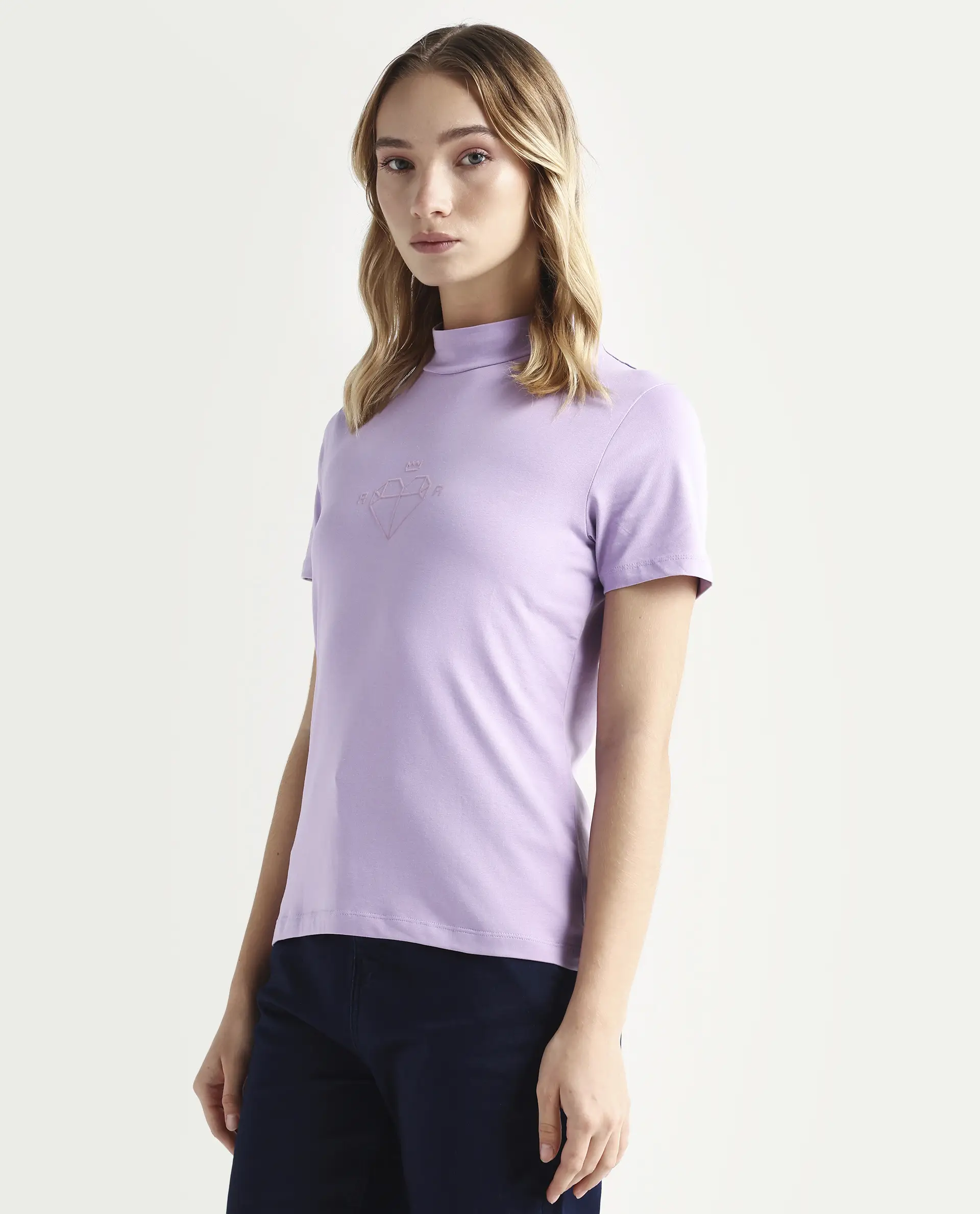 Rareism Women's Ellie Purple Cotton High Neck Graphic Print Regular Fit T-Shirt - Image 5