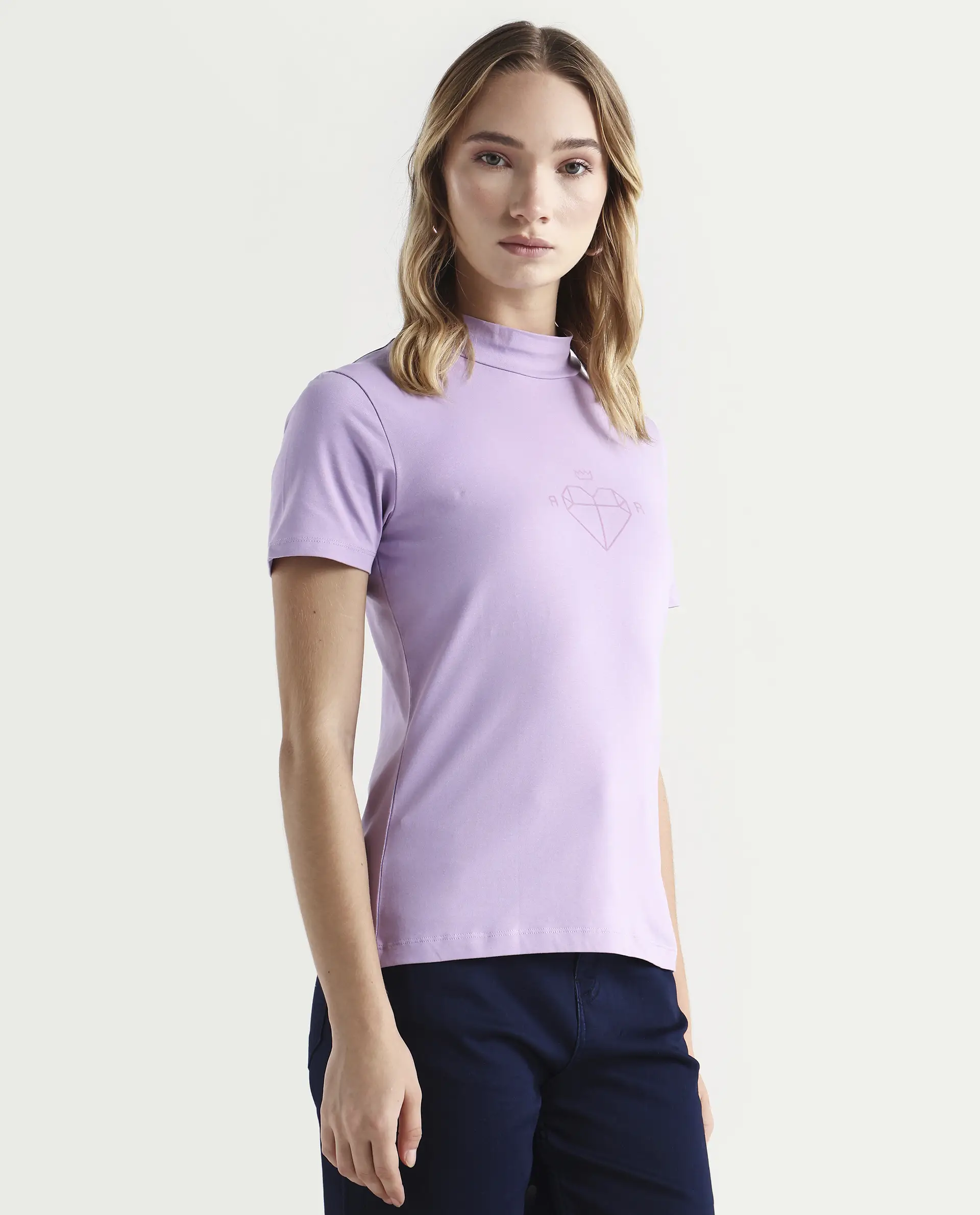 Rareism Women's Ellie Purple Cotton High Neck Graphic Print Regular Fit T-Shirt - Image 6