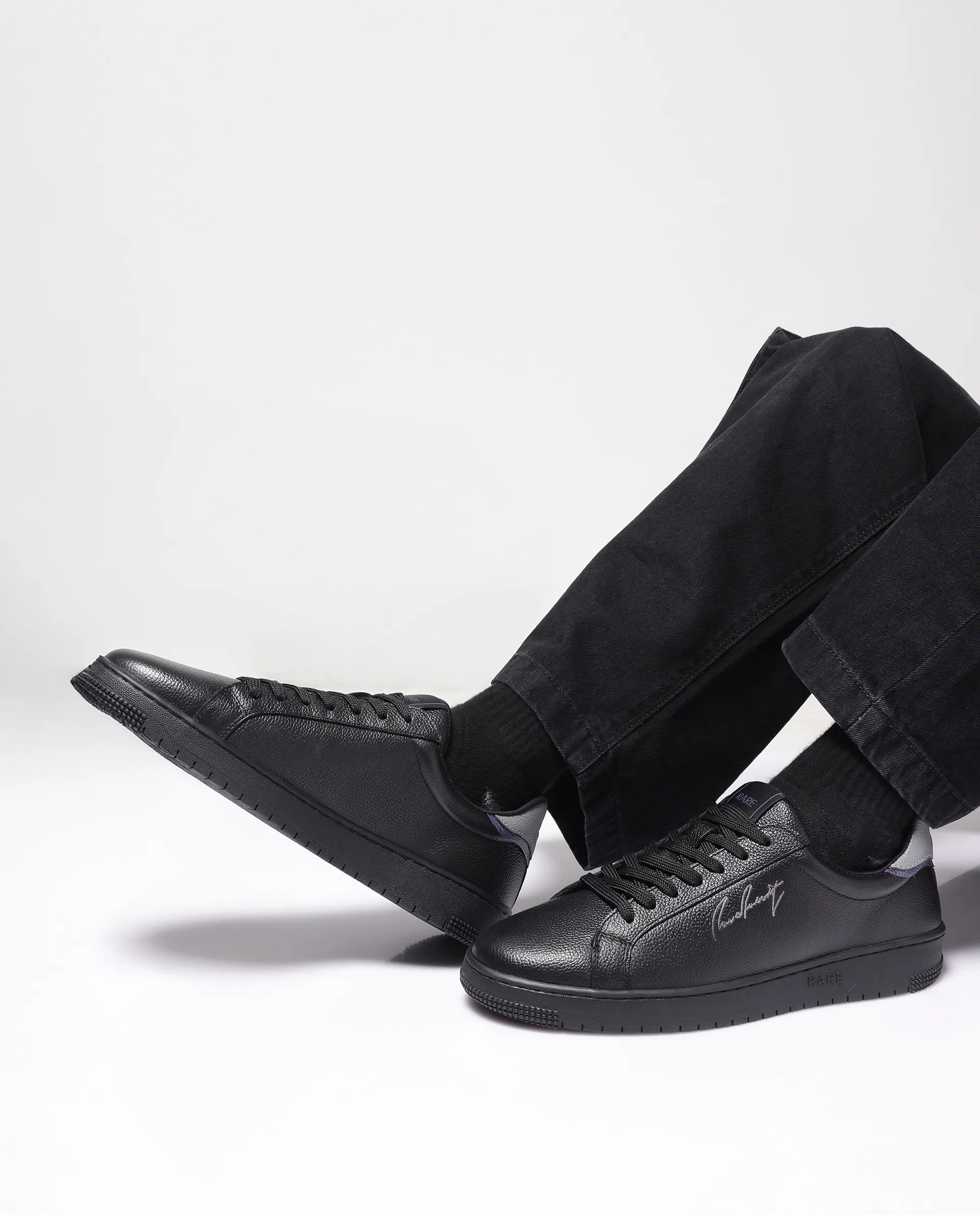 Rare Rabbit Men Elliot Black Genuine Leather Embroidered Signature Low-Top Lace-Up Closure Sneaker - Image 2