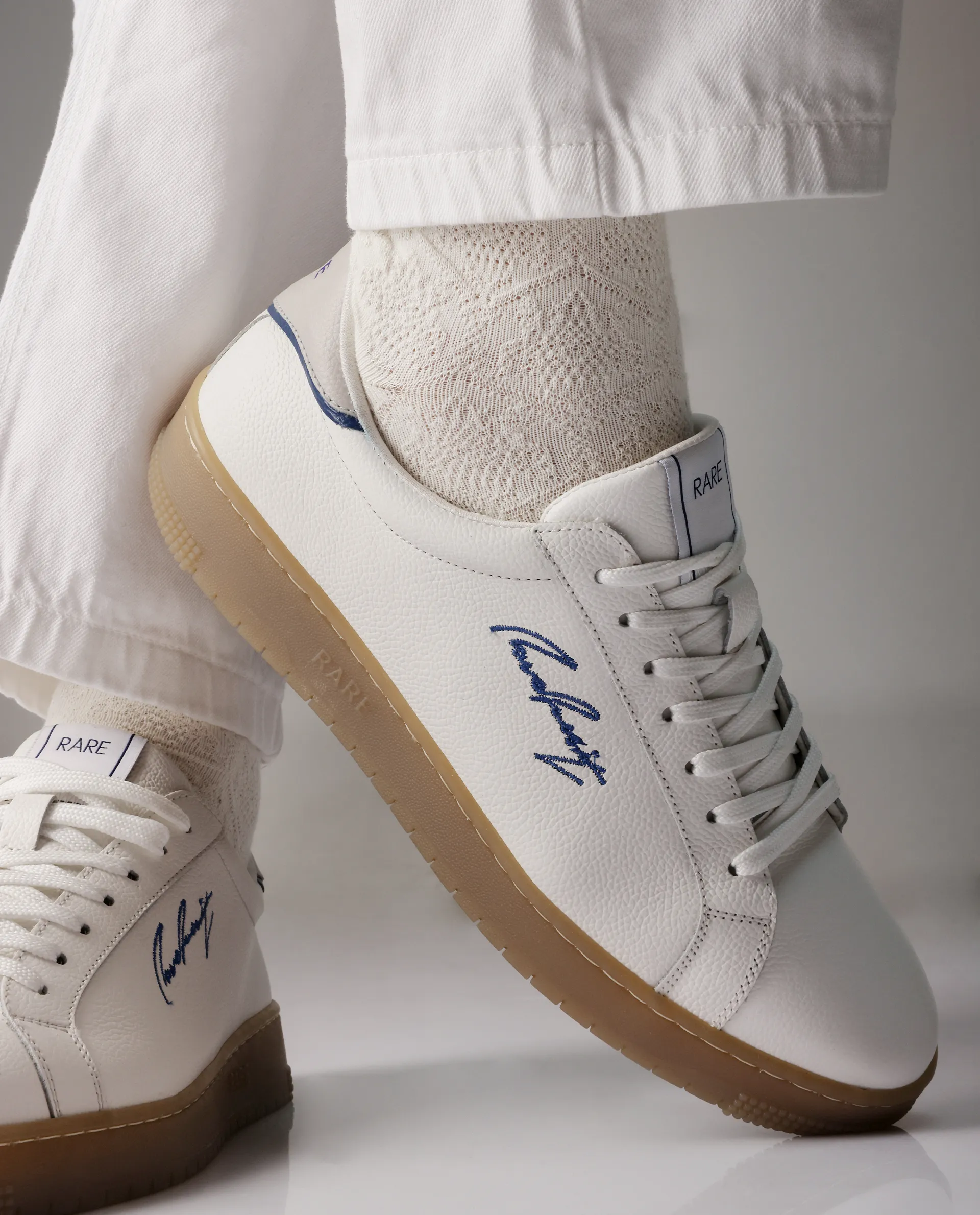 Rare Rabbit Men Elliot White Genuine Leather Embroidered Signature Low-Top Lace-Up Closure Sneaker - Image 2