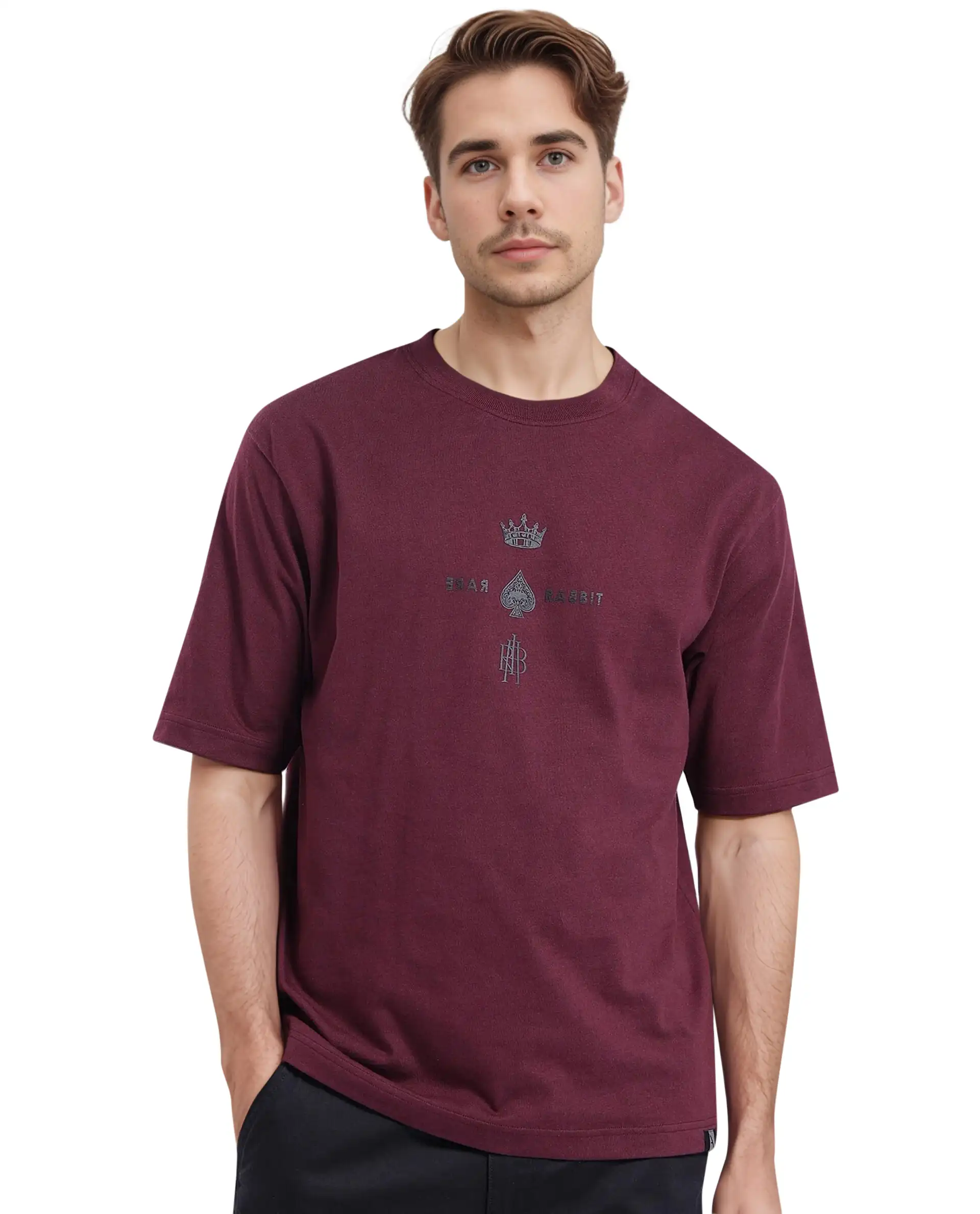 Rare Rabbit Men's Ello Dark Maroon Cotton Graphic Print Regular Fit Half Sleeve Crew Neck T-Shirt