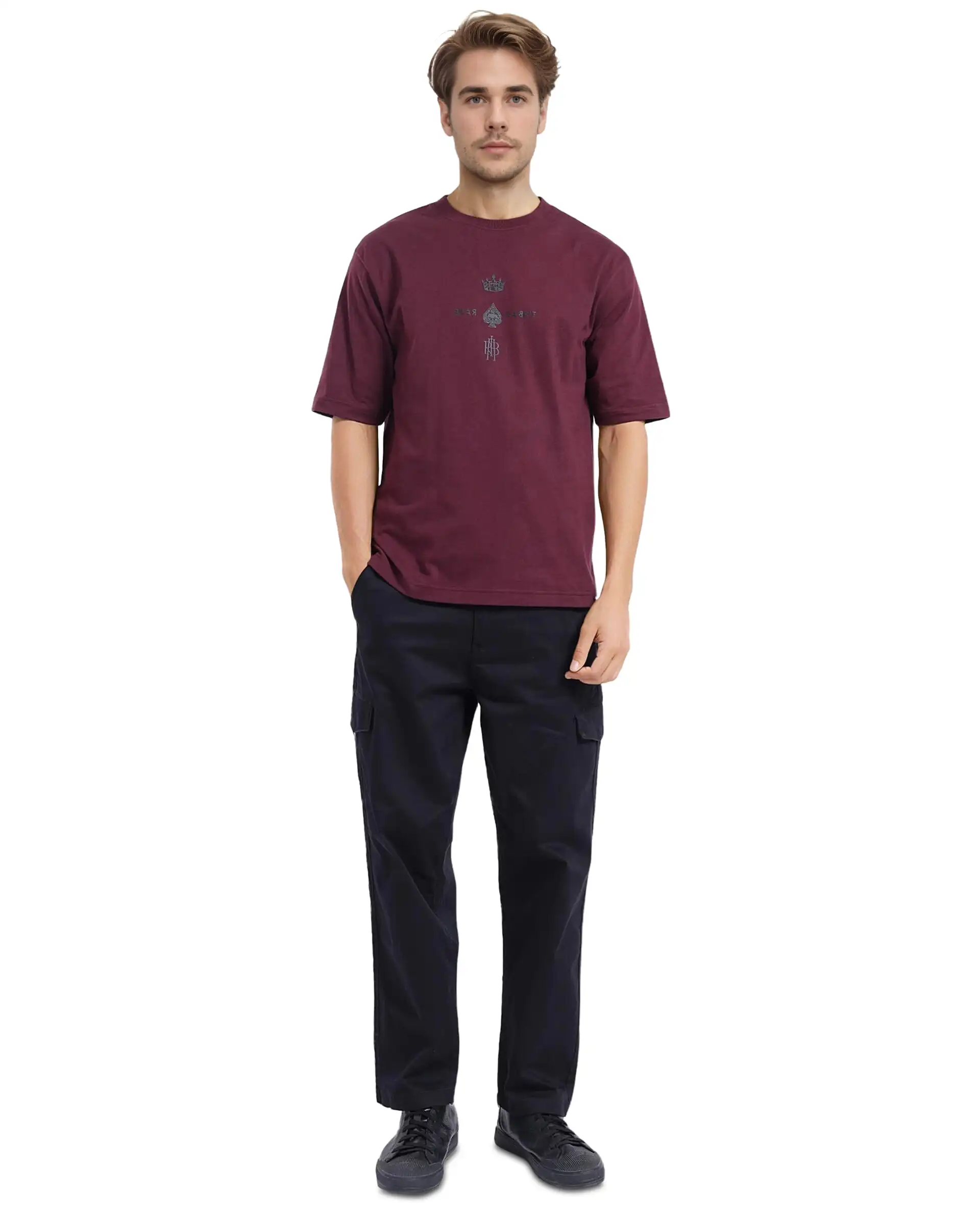Rare Rabbit Men's Ello Dark Maroon Cotton Graphic Print Regular Fit Half Sleeve Crew Neck T-Shirt - Image 3