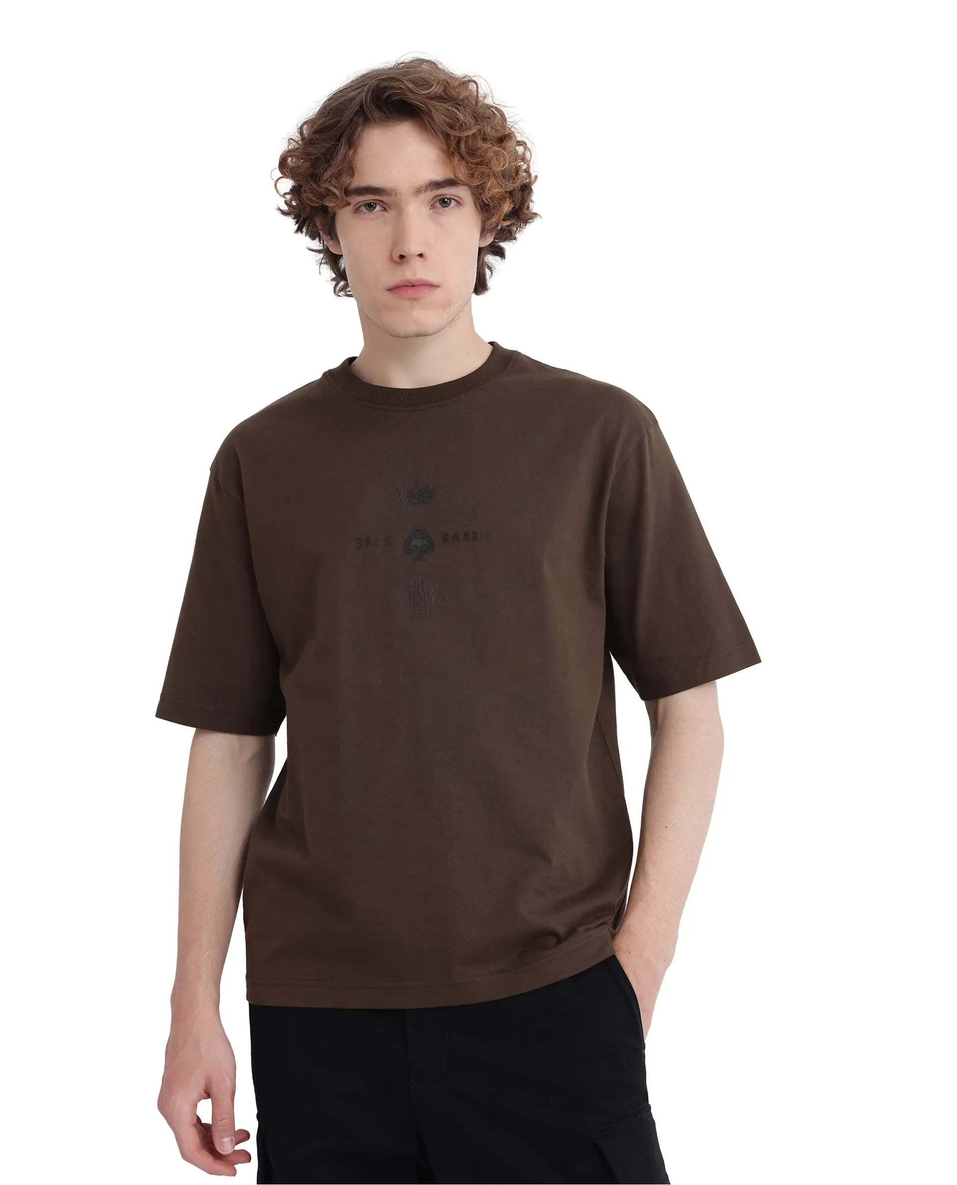 Rare Rabbit Men's Ello Olive Graphic Print Regular Fit Half Sleeve Crew Neck T-Shirt - Image 2