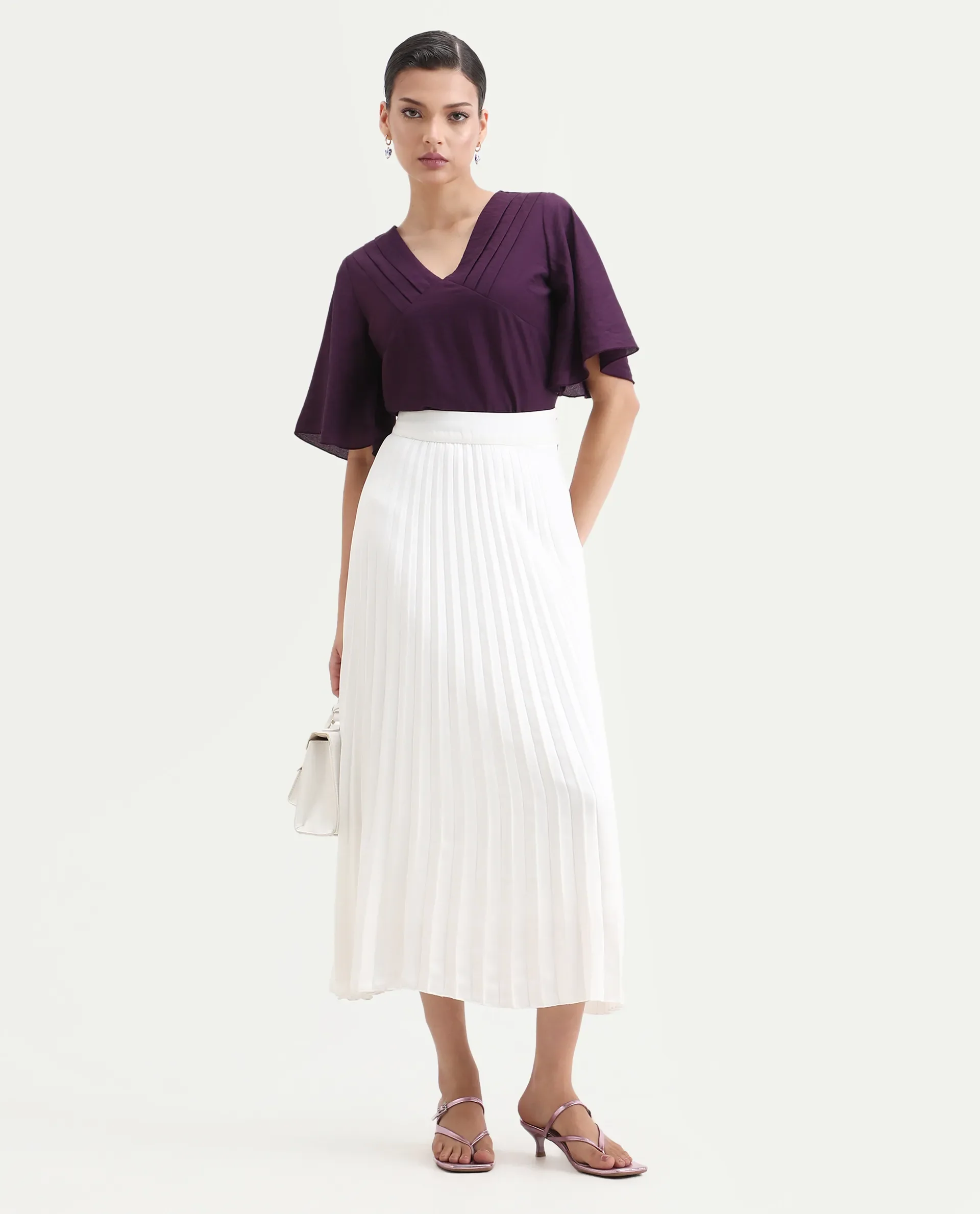 Rareism Women's Elloy Purple Polyester Bell Sleeves V-Neck Regular Fit Plain Top - Image 2
