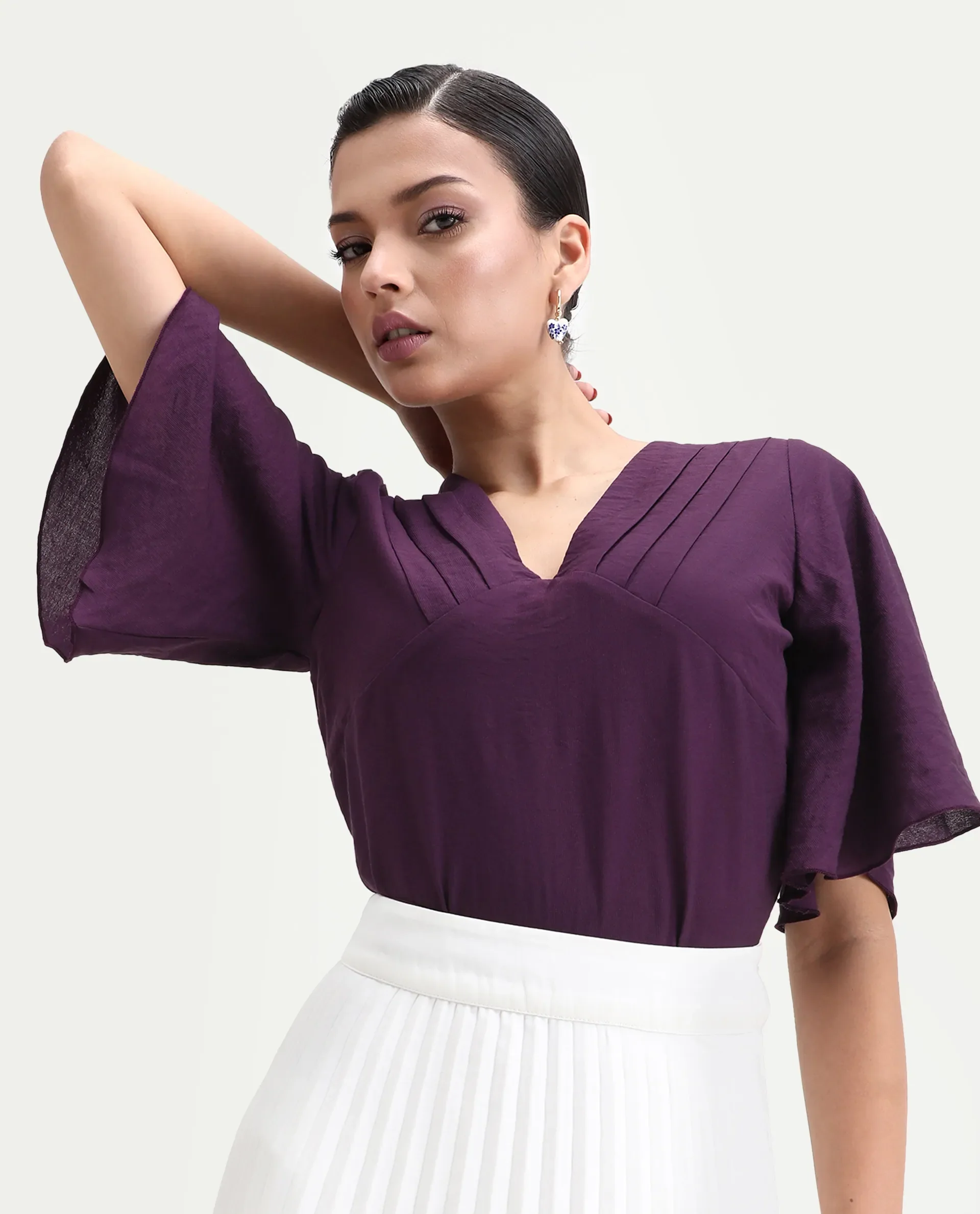 Rareism Women's Elloy Purple Polyester Bell Sleeves V-Neck Regular Fit Plain Top - Image 3