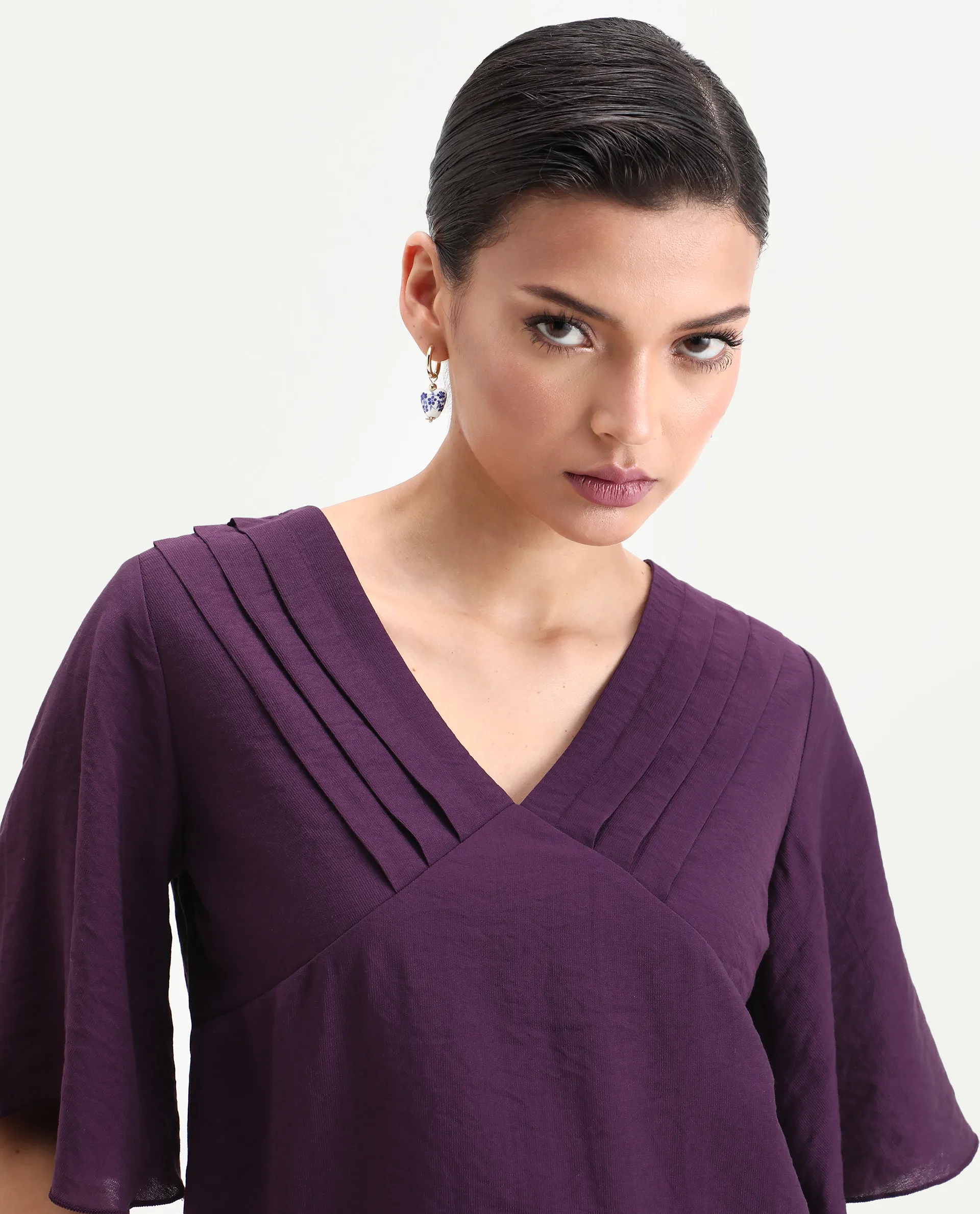 Rareism Women's Elloy Purple Polyester Bell Sleeves V-Neck Regular Fit Plain Top - Image 4