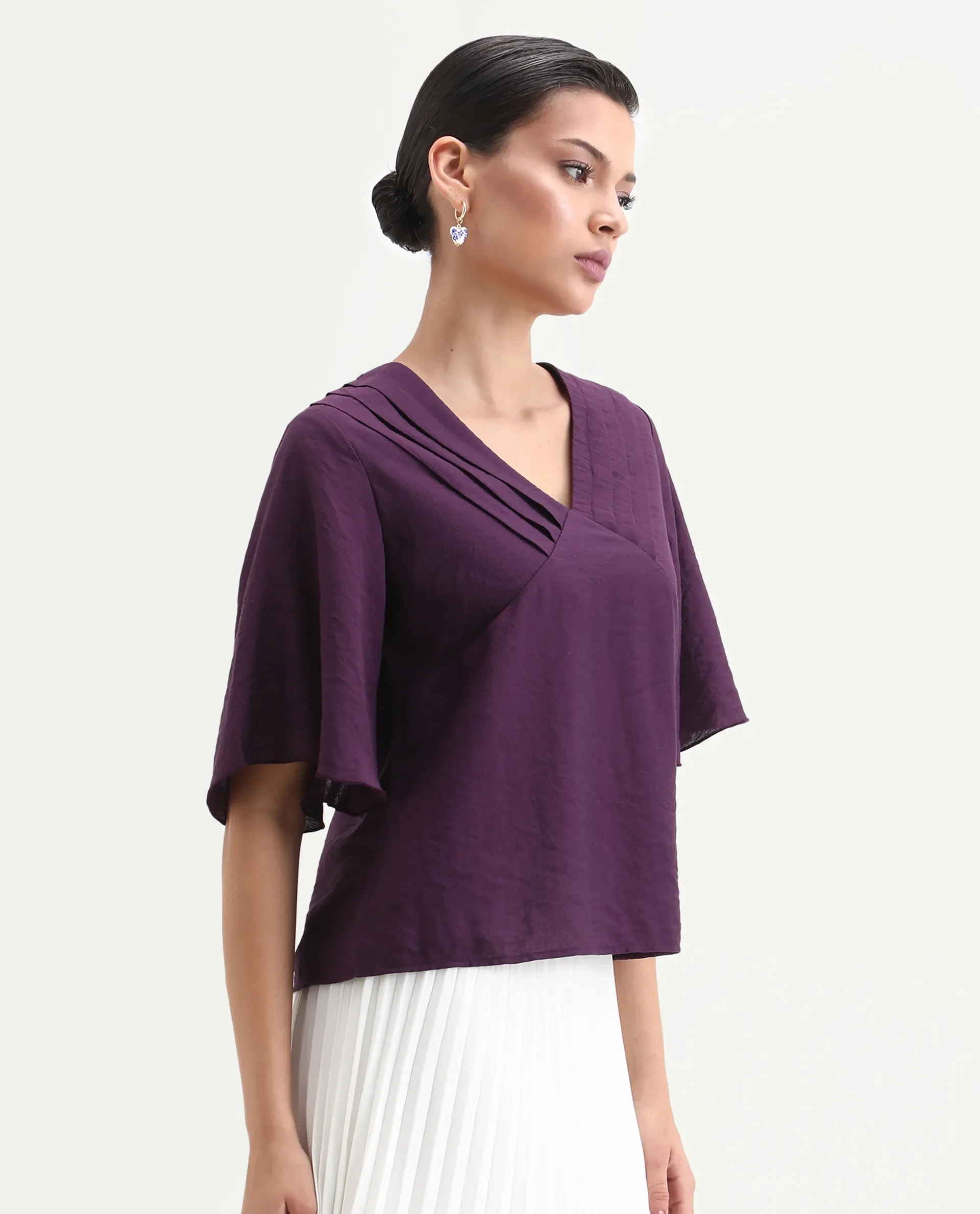 Rareism Women's Elloy Purple Polyester Bell Sleeves V-Neck Regular Fit Plain Top - Image 5