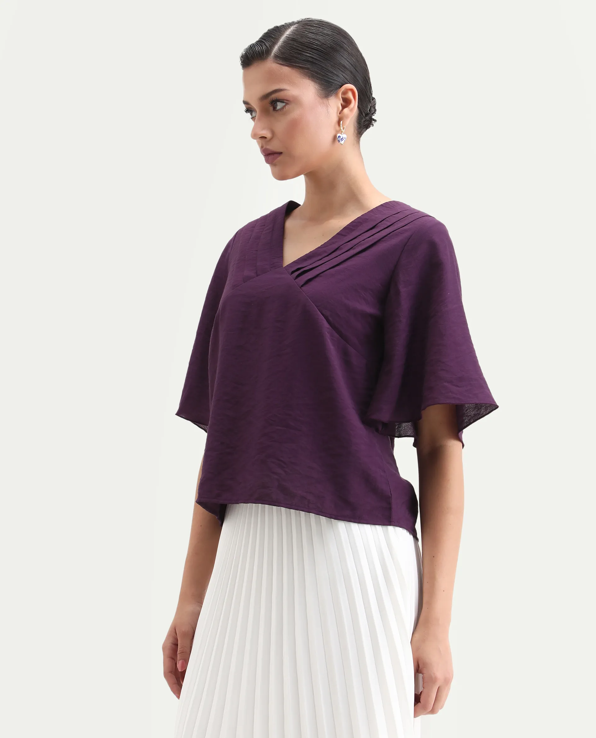 Rareism Women's Elloy Purple Polyester Bell Sleeves V-Neck Regular Fit Plain Top - Image 6
