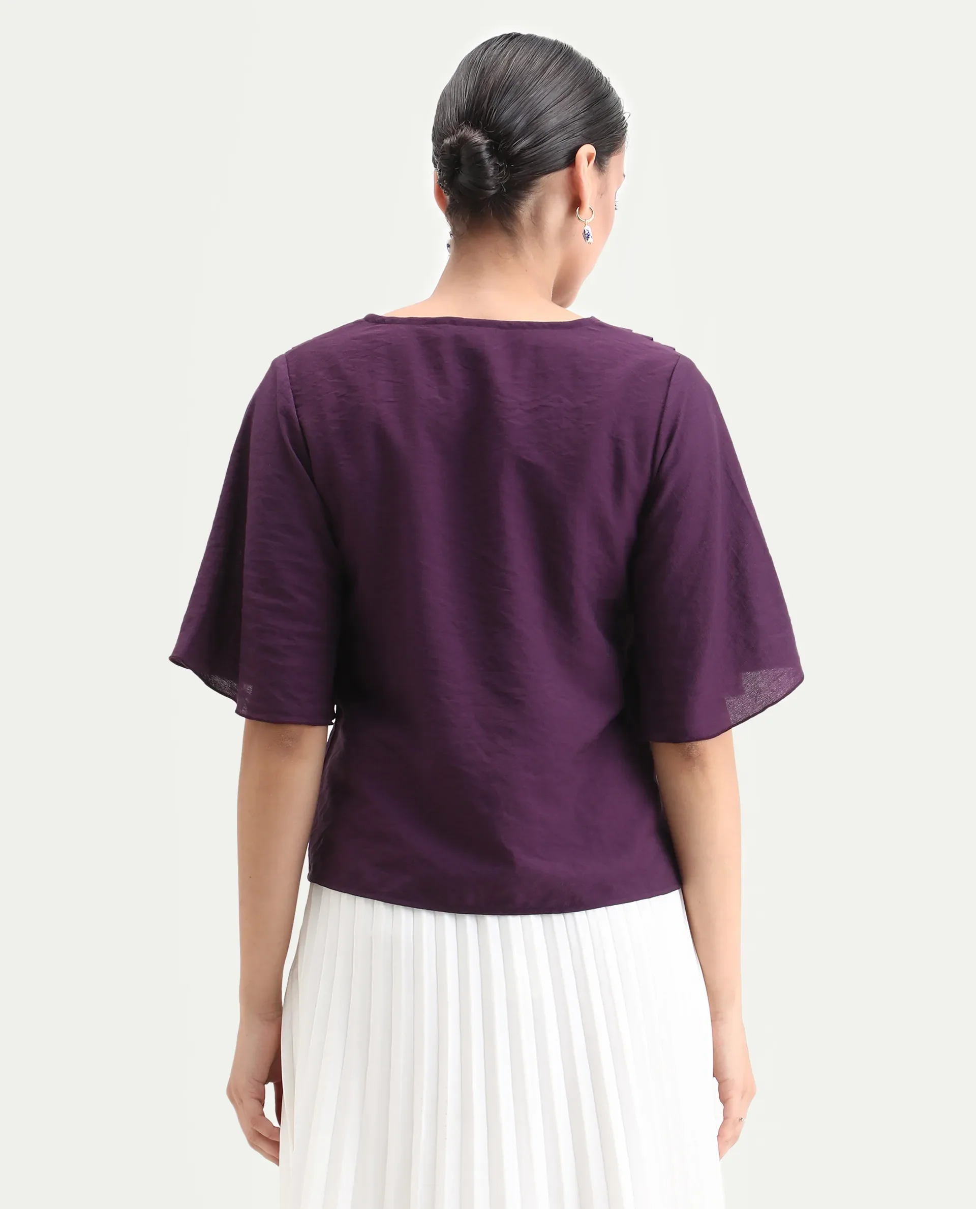 Rareism Women's Elloy Purple Polyester Bell Sleeves V-Neck Regular Fit Plain Top - Image 7