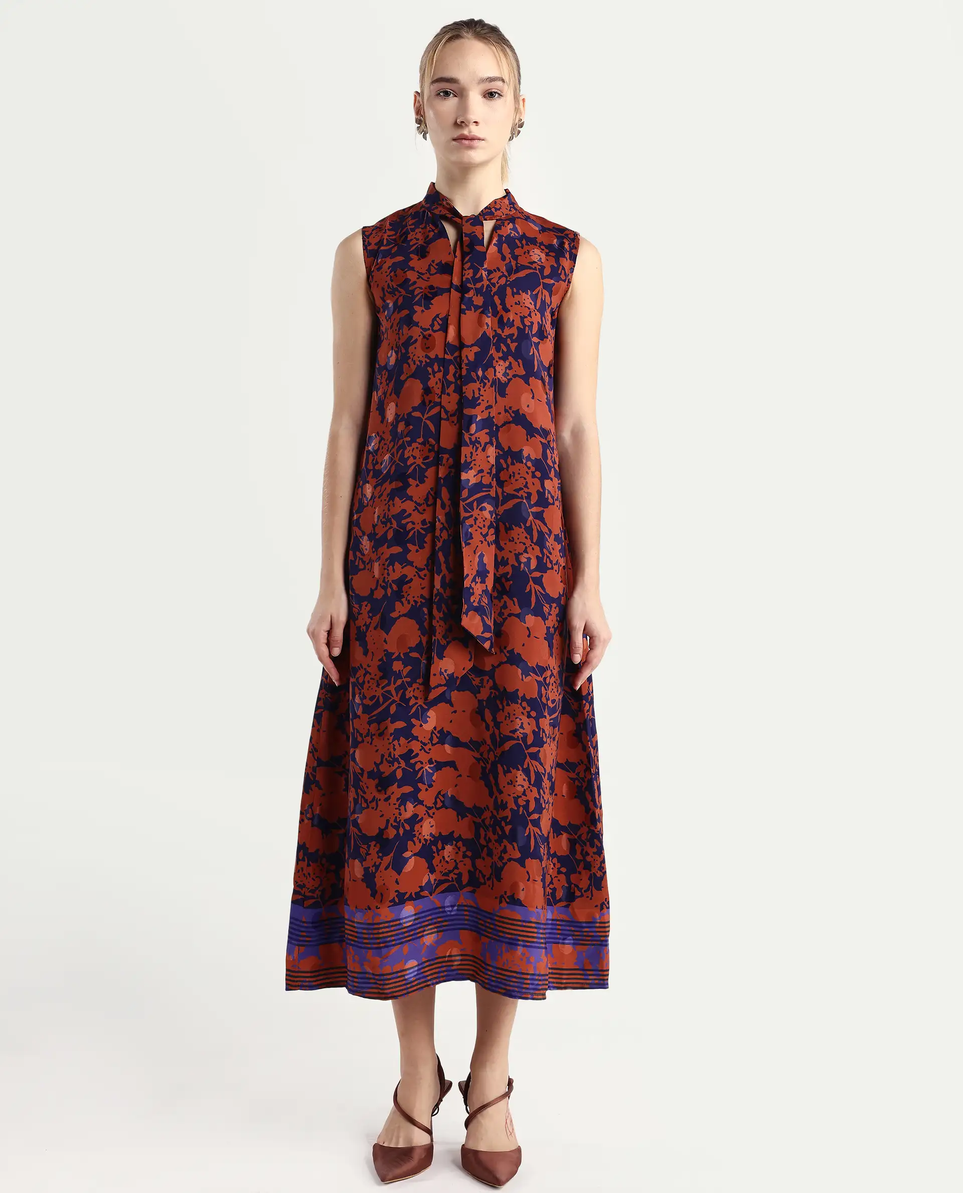 Rareism Women's Ellu Brown Polyester Tie-Up Neck Floral Print Sleeveless Knee Length Regular Fit Dress - Image 3
