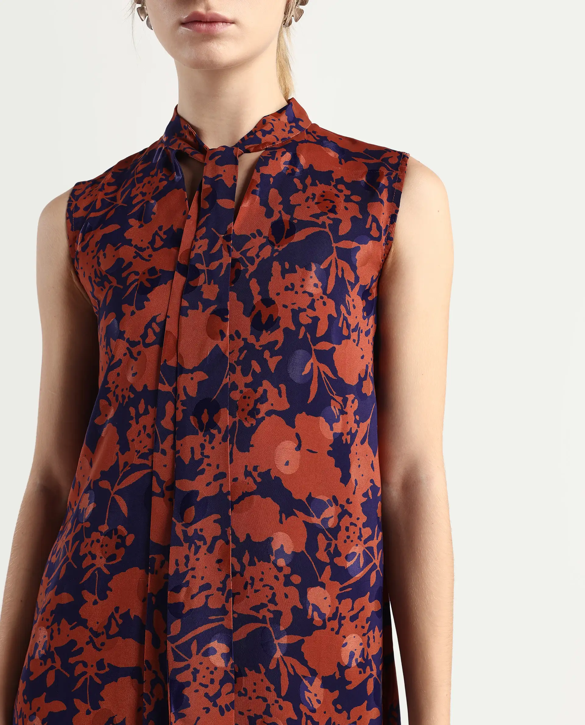 Rareism Women's Ellu Brown Polyester Tie-Up Neck Floral Print Sleeveless Knee Length Regular Fit Dress - Image 4
