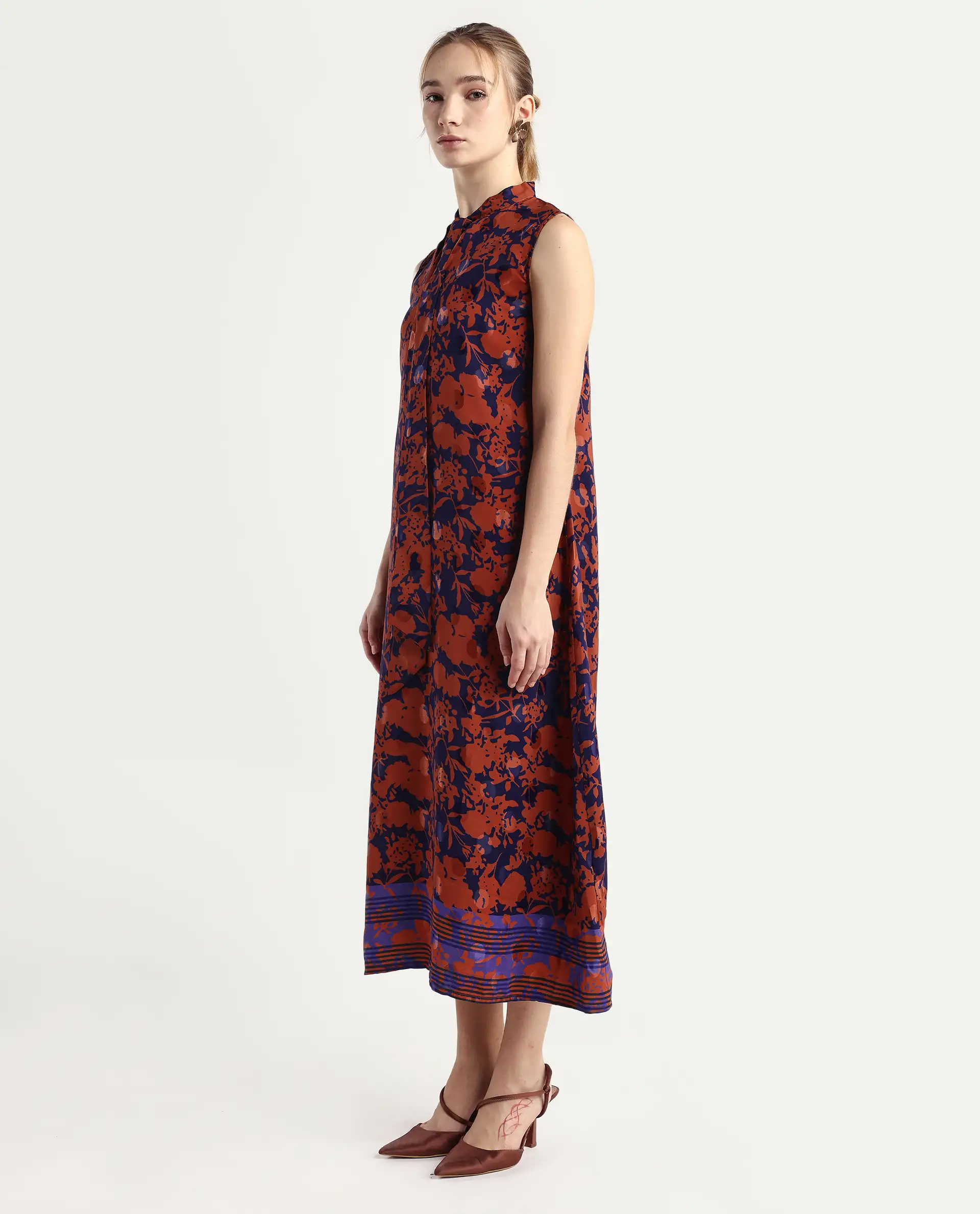 Rareism Women's Ellu Brown Polyester Tie-Up Neck Floral Print Sleeveless Knee Length Regular Fit Dress - Image 5