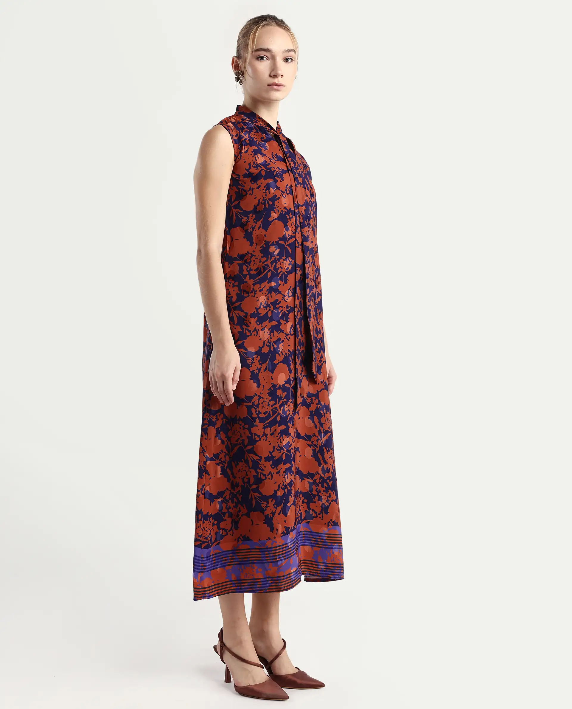Rareism Women's Ellu Brown Polyester Tie-Up Neck Floral Print Sleeveless Knee Length Regular Fit Dress - Image 6