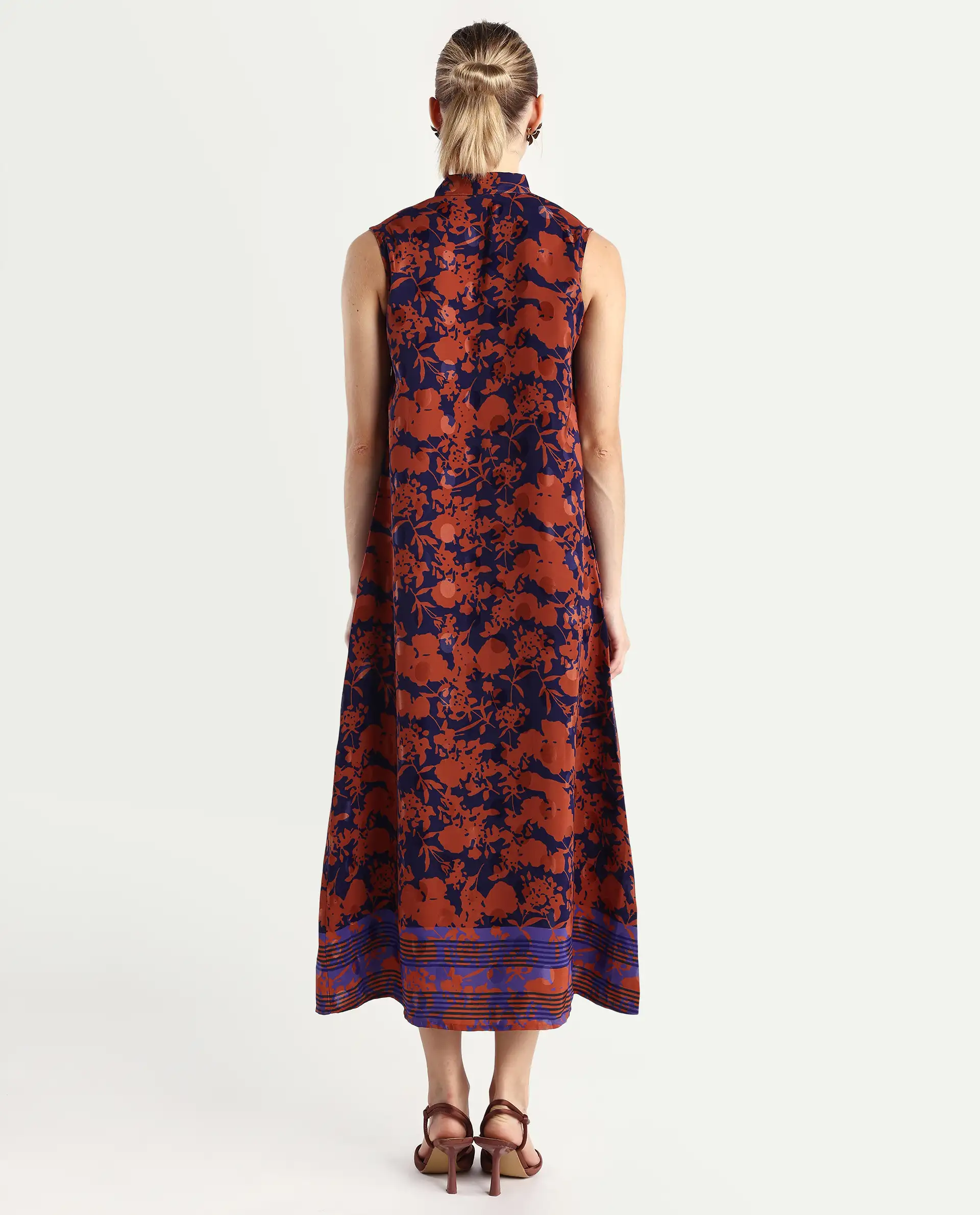 Rareism Women's Ellu Brown Polyester Tie-Up Neck Floral Print Sleeveless Knee Length Regular Fit Dress - Image 7
