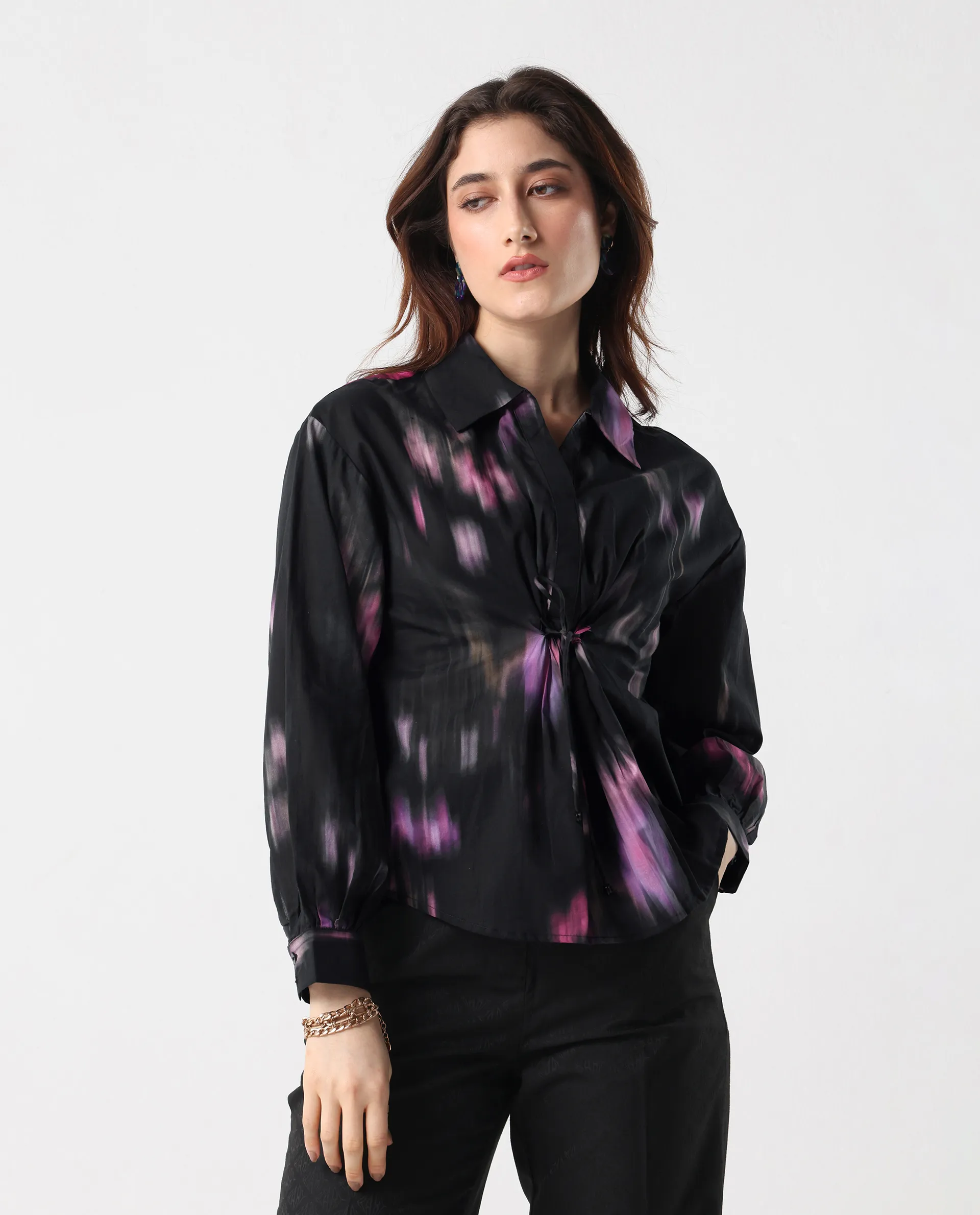 Rareism Women's Ellyn Black Cotton Bishop Sleeve Collared Neck Relaxed Fit Top - Image 2
