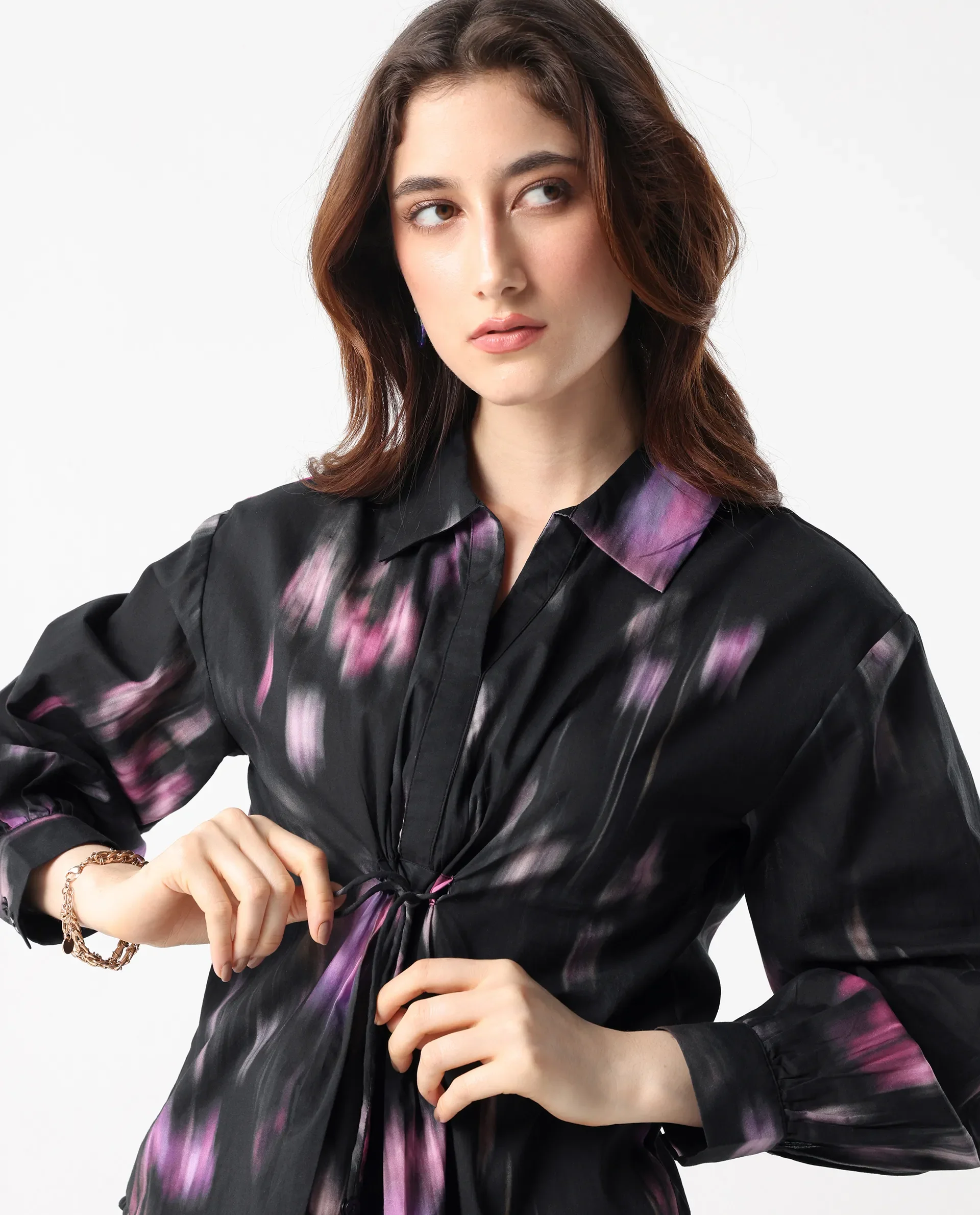 Rareism Women's Ellyn Black Cotton Bishop Sleeve Collared Neck Relaxed Fit Top - Image 3
