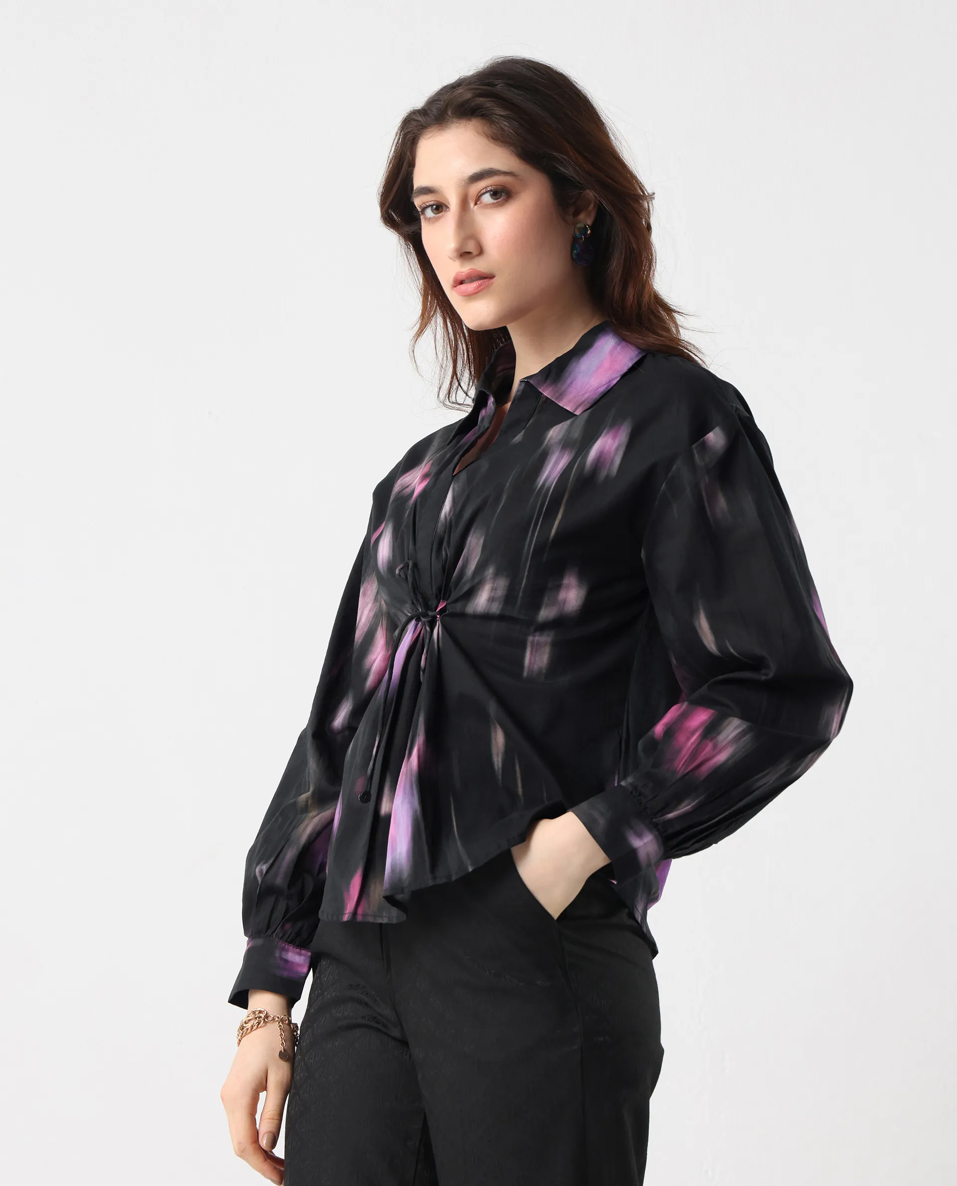 Rareism Women's Ellyn Black Cotton Bishop Sleeve Collared Neck Relaxed Fit Top - Image 5