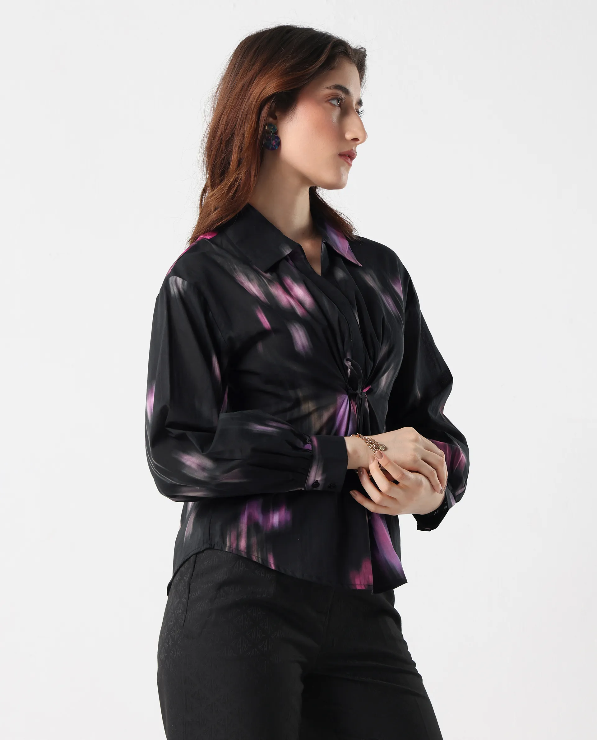 Rareism Women's Ellyn Black Cotton Bishop Sleeve Collared Neck Relaxed Fit Top - Image 6