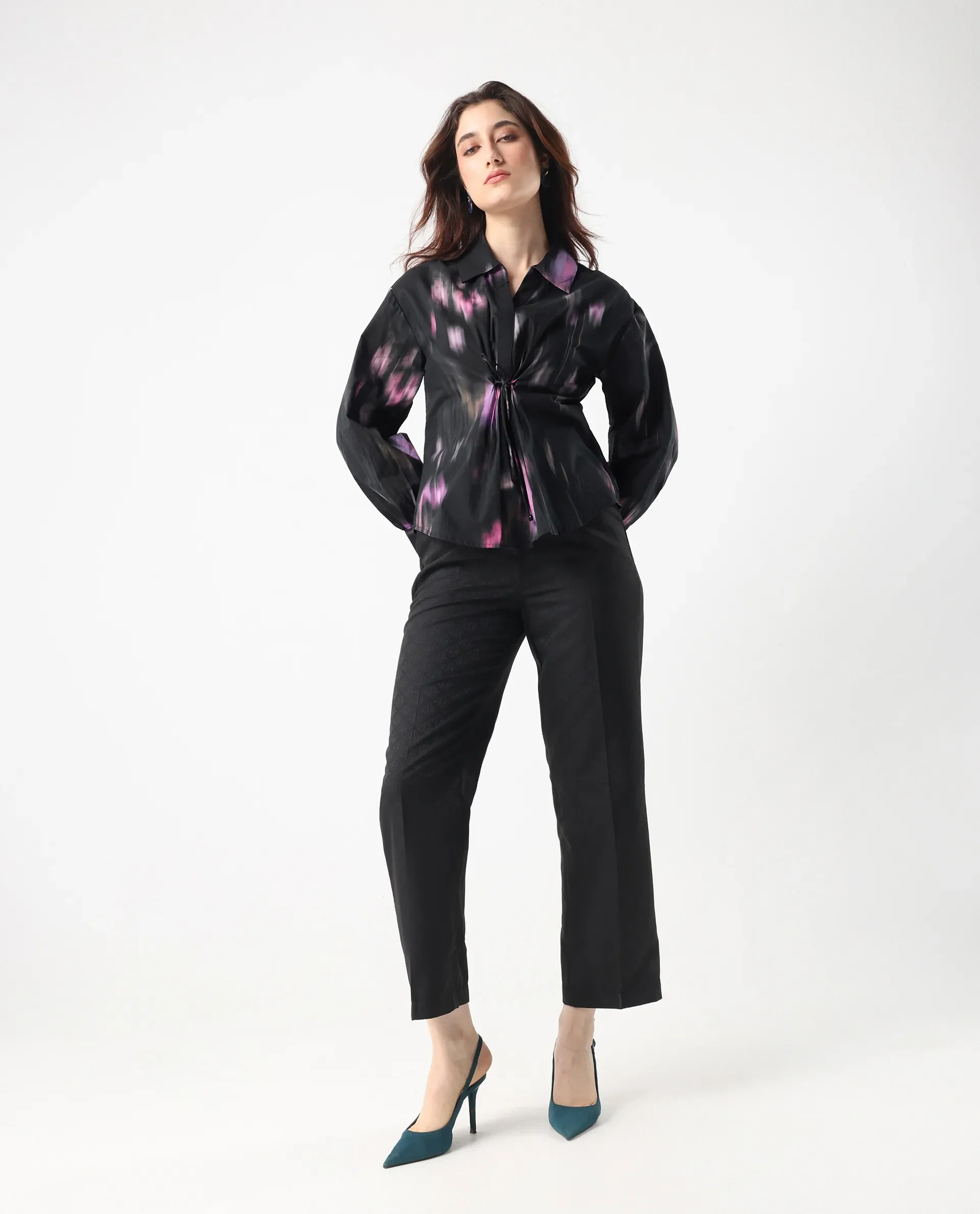 Rareism Women's Ellyn Black Cotton Bishop Sleeve Collared Neck Relaxed Fit Top - Image 7