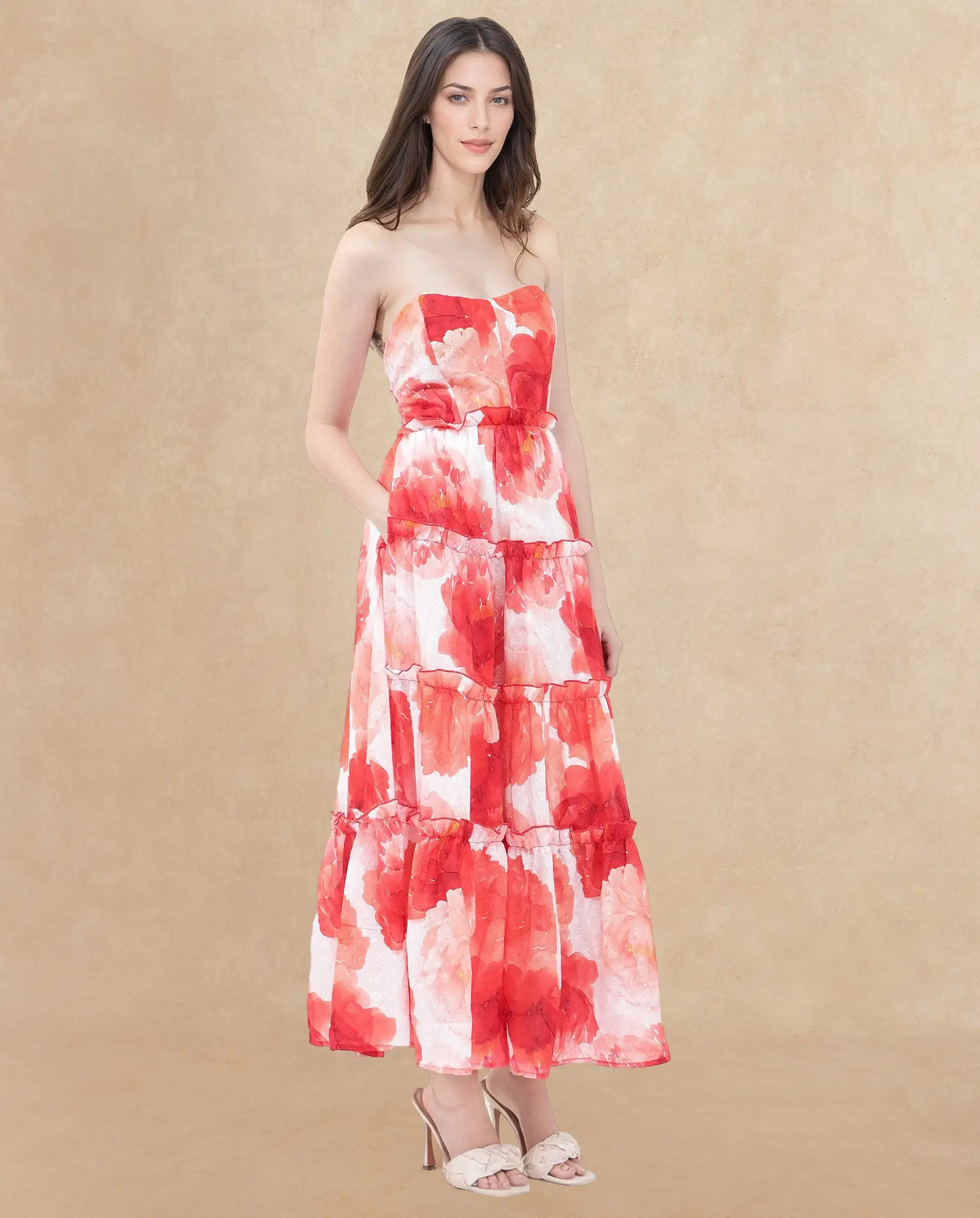 Rareism Women's Elma Pink Cotton Shoulder Strap Floral Print Sleeveless Maxi Fit And Flare Dress - Image 4