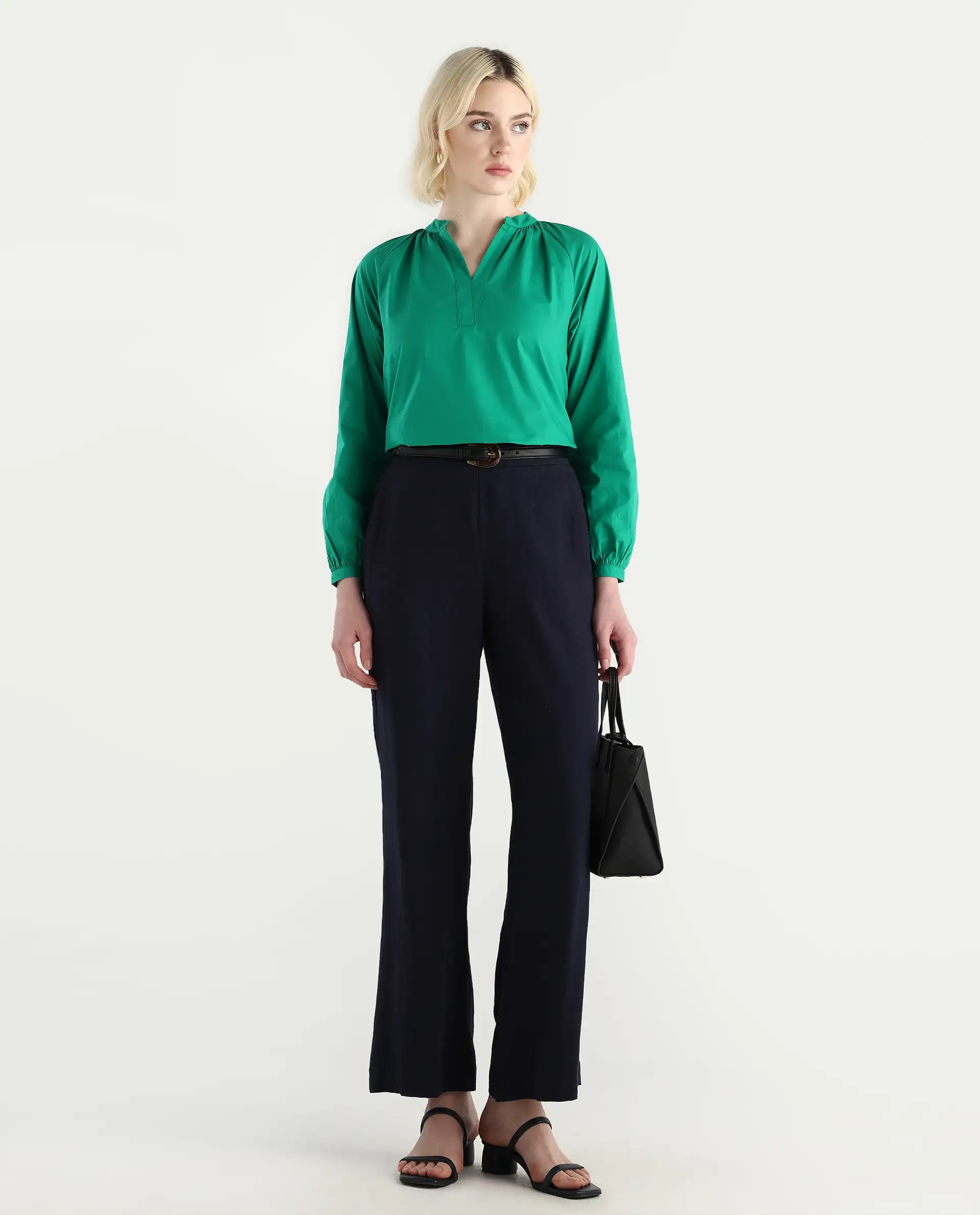 Rareism Women's Elmar Green Cotton Raglan Sleeves Mandarin Collar Regular Fit Plain Top