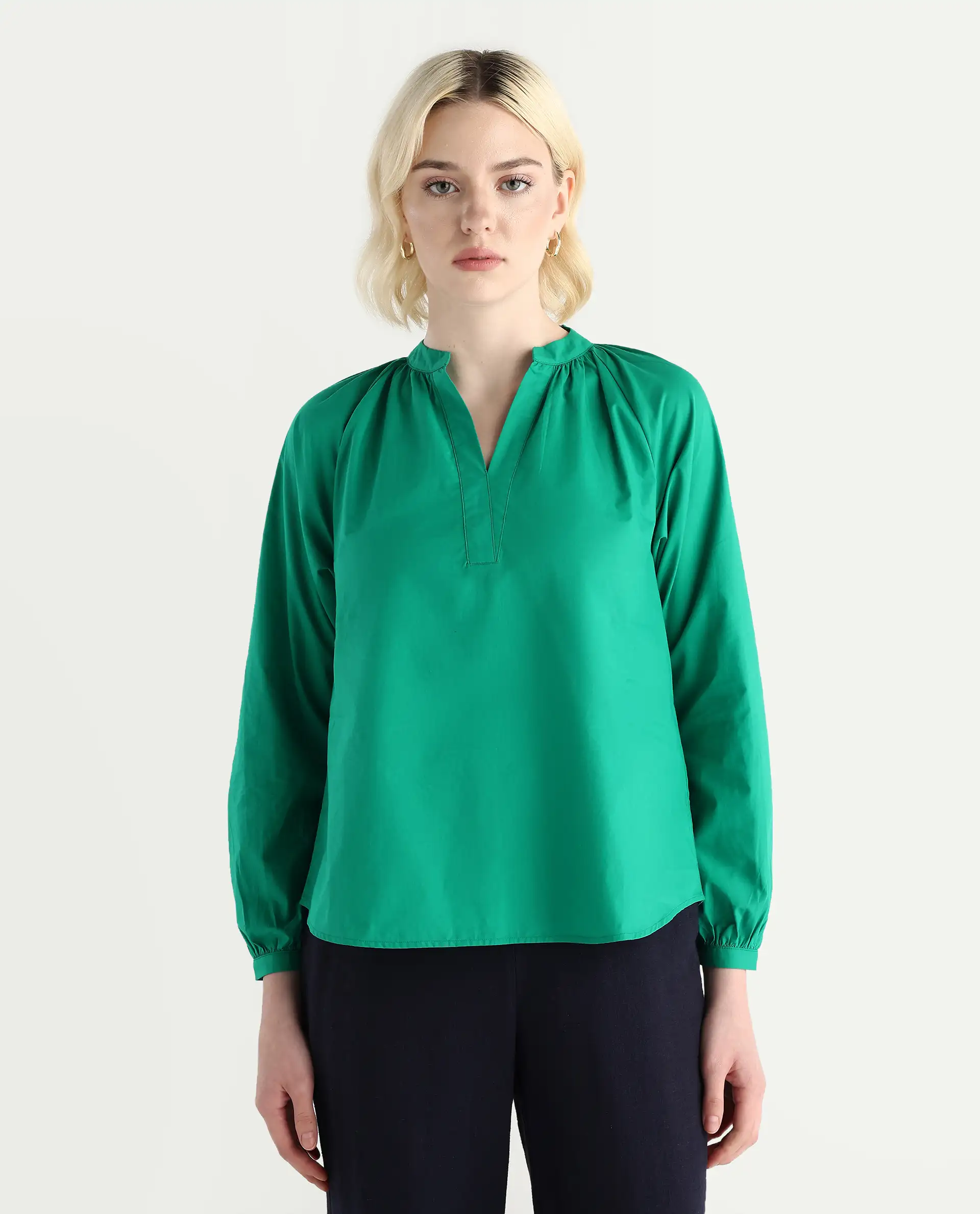 Rareism Women's Elmar Green Cotton Raglan Sleeves Mandarin Collar Regular Fit Plain Top - Image 2