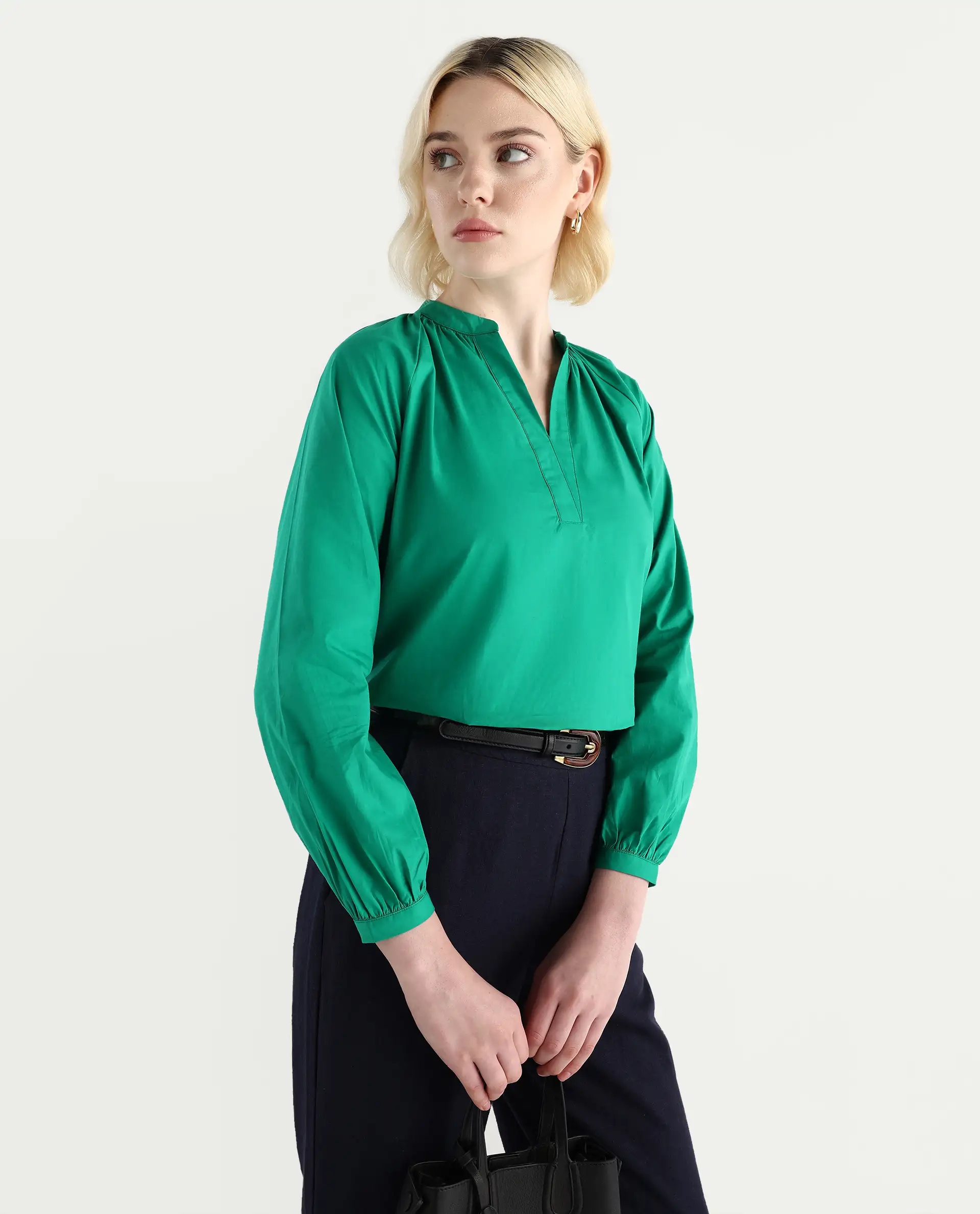 Rareism Women's Elmar Green Cotton Raglan Sleeves Mandarin Collar Regular Fit Plain Top - Image 3