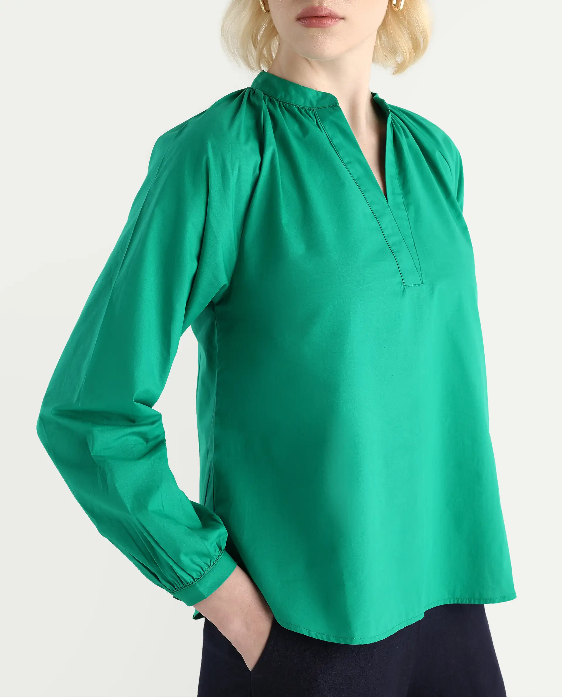 Rareism Women's Elmar Green Cotton Raglan Sleeves Mandarin Collar Regular Fit Plain Top - Image 4