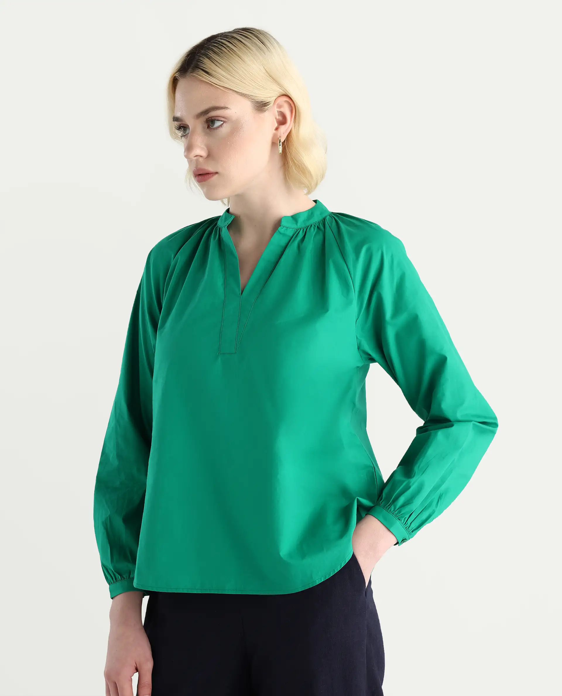Rareism Women's Elmar Green Cotton Raglan Sleeves Mandarin Collar Regular Fit Plain Top - Image 5