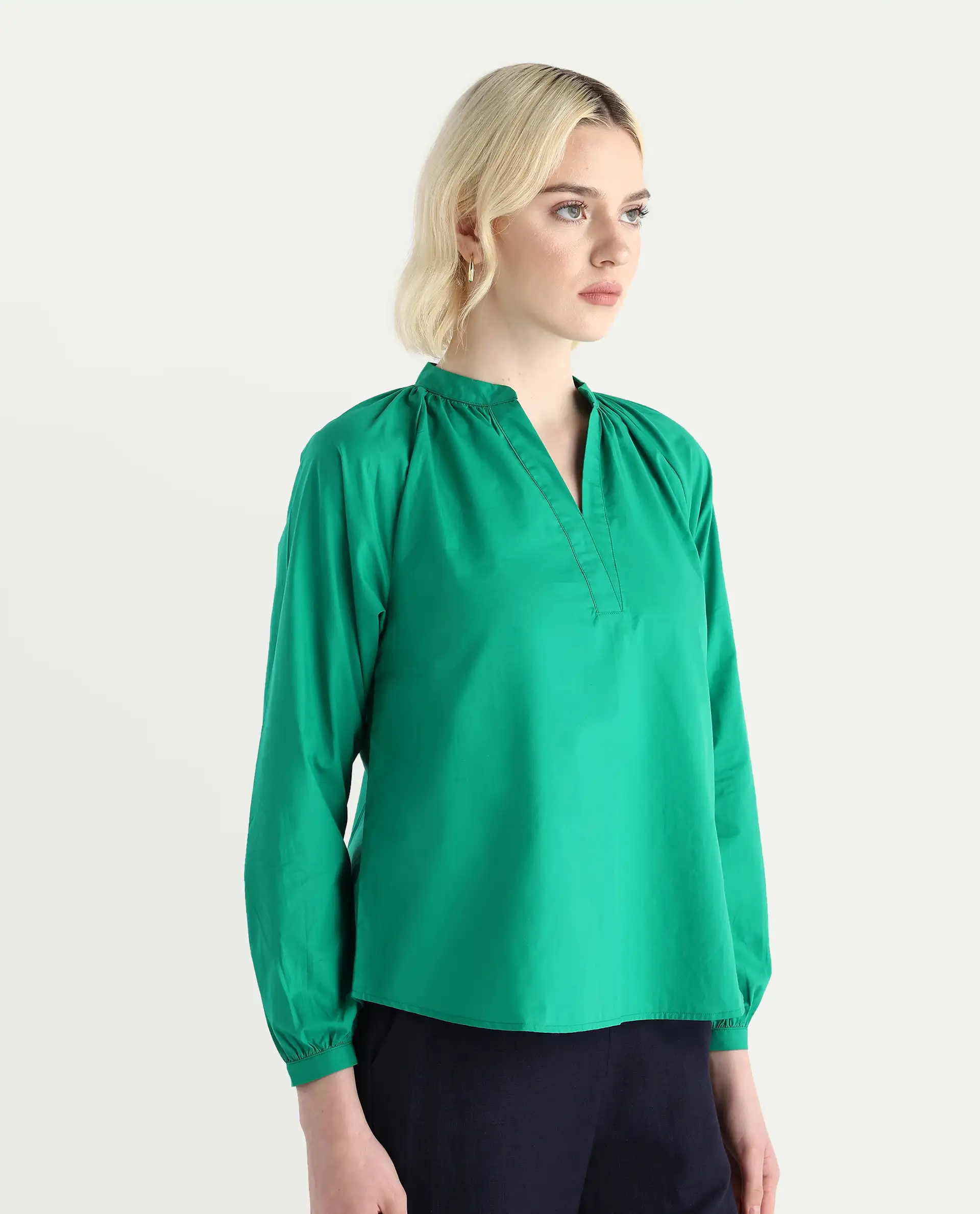 Rareism Women's Elmar Green Cotton Raglan Sleeves Mandarin Collar Regular Fit Plain Top - Image 6