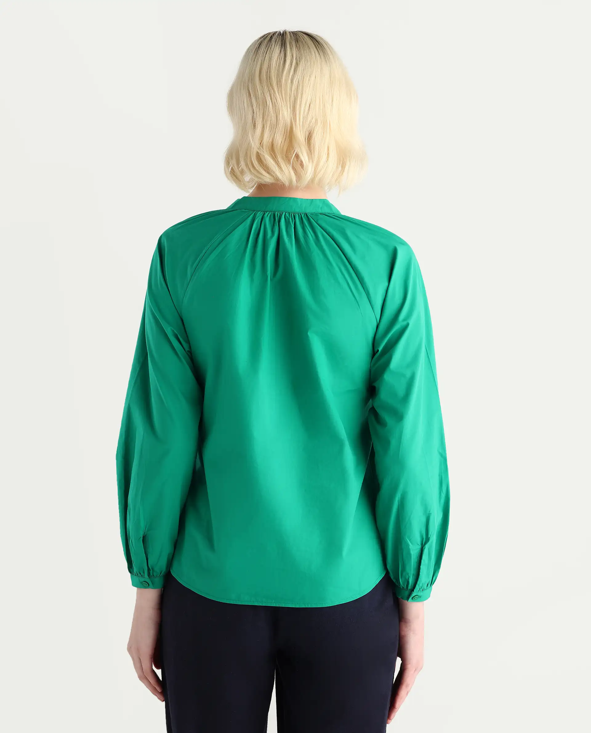 Rareism Women's Elmar Green Cotton Raglan Sleeves Mandarin Collar Regular Fit Plain Top - Image 7