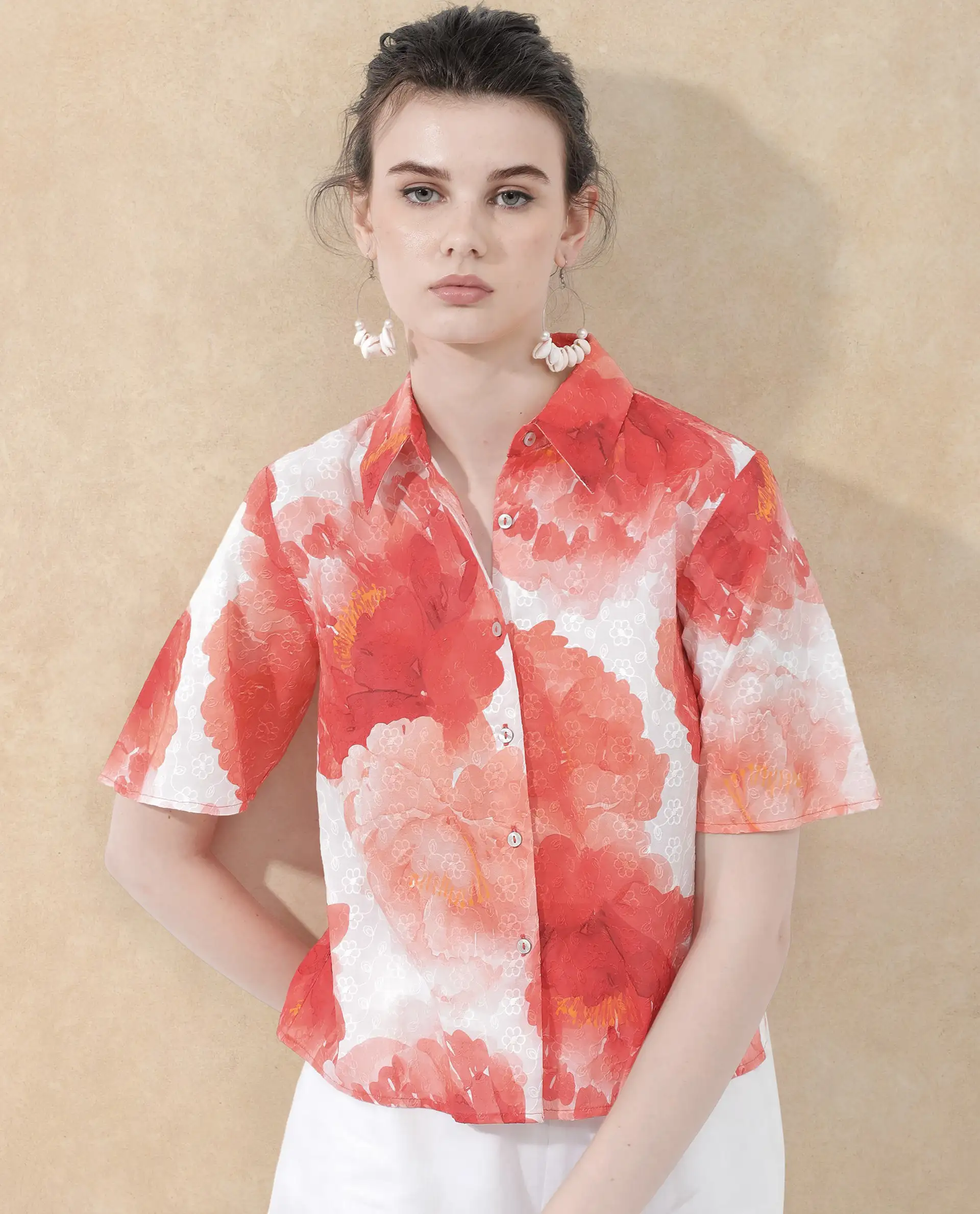 Rareism Women's Elmaso Pink Drop Collar Floral Print Bell Sleeve Regular Fit Top