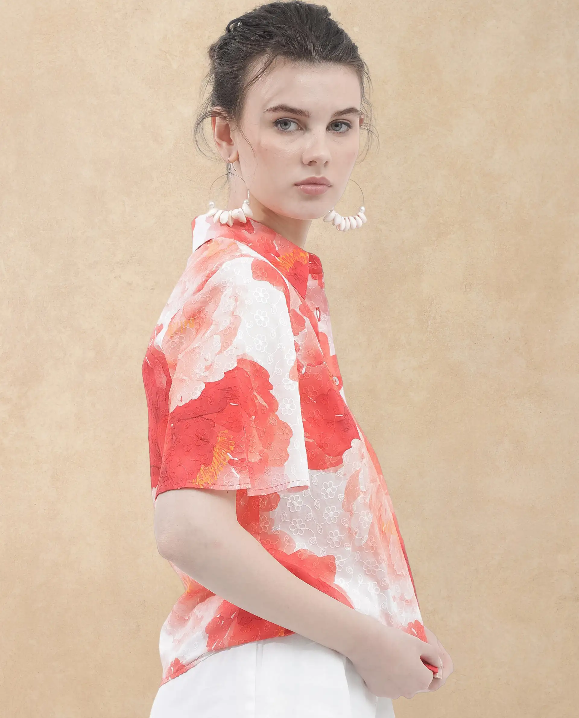 Rareism Women's Elmaso Pink Drop Collar Floral Print Bell Sleeve Regular Fit Top - Image 5