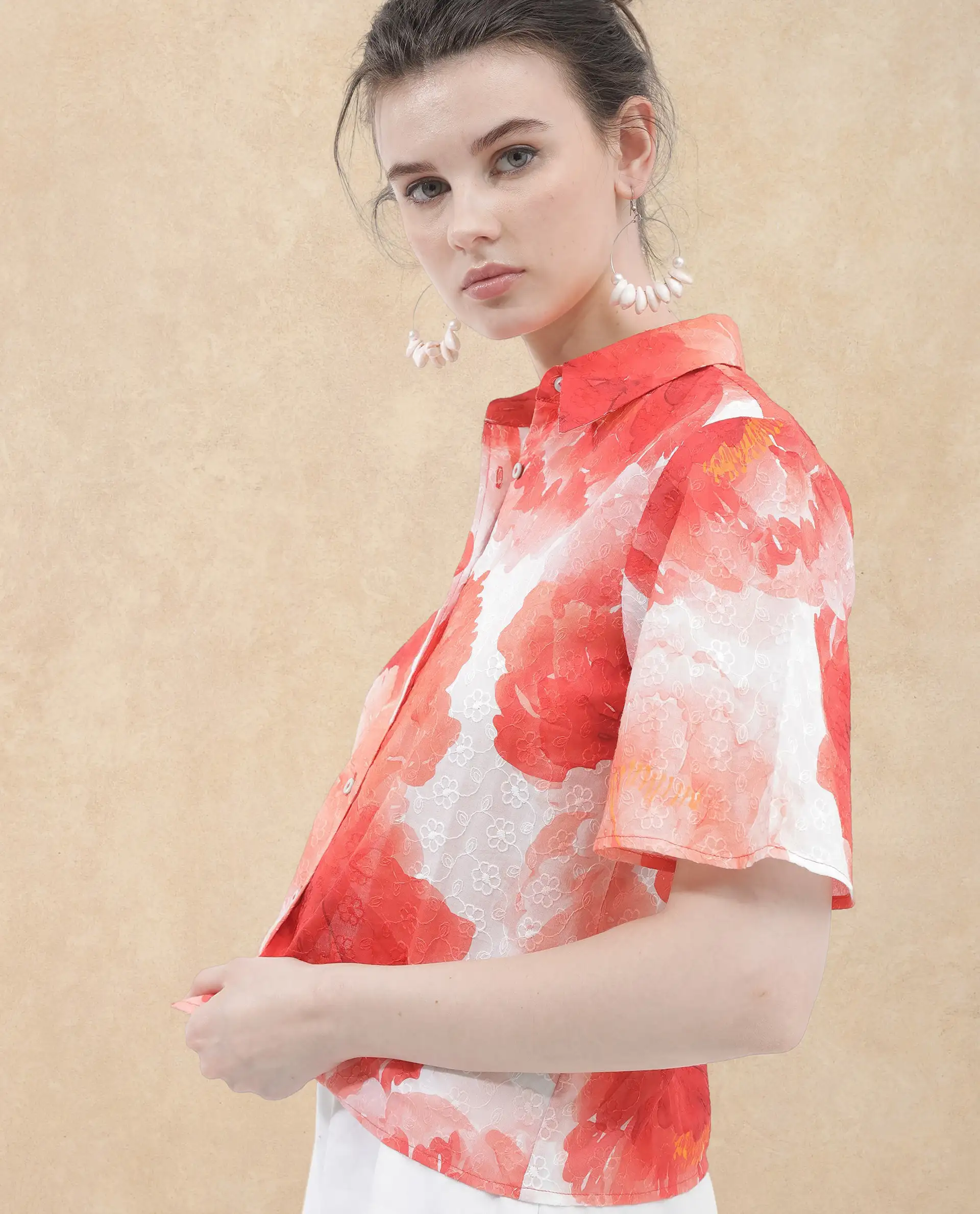 Rareism Women's Elmaso Pink Drop Collar Floral Print Bell Sleeve Regular Fit Top - Image 6