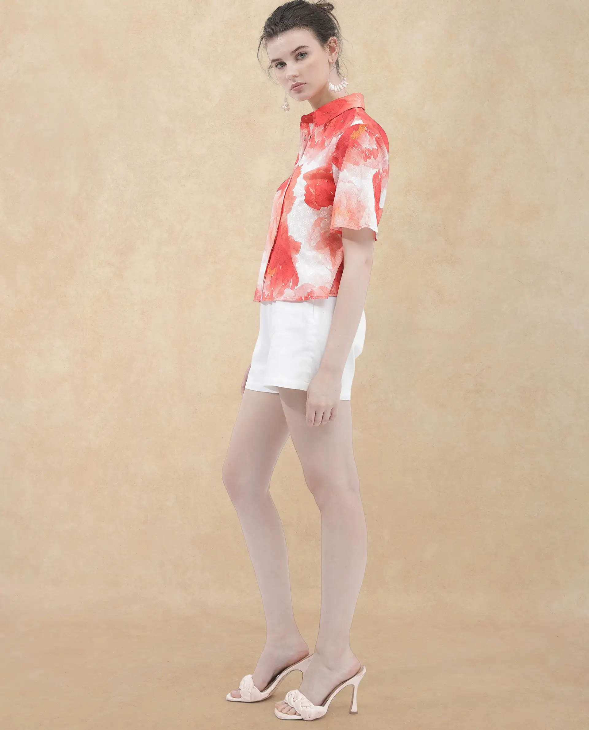 Rareism Women's Elmaso Pink Drop Collar Floral Print Bell Sleeve Regular Fit Top - Image 8