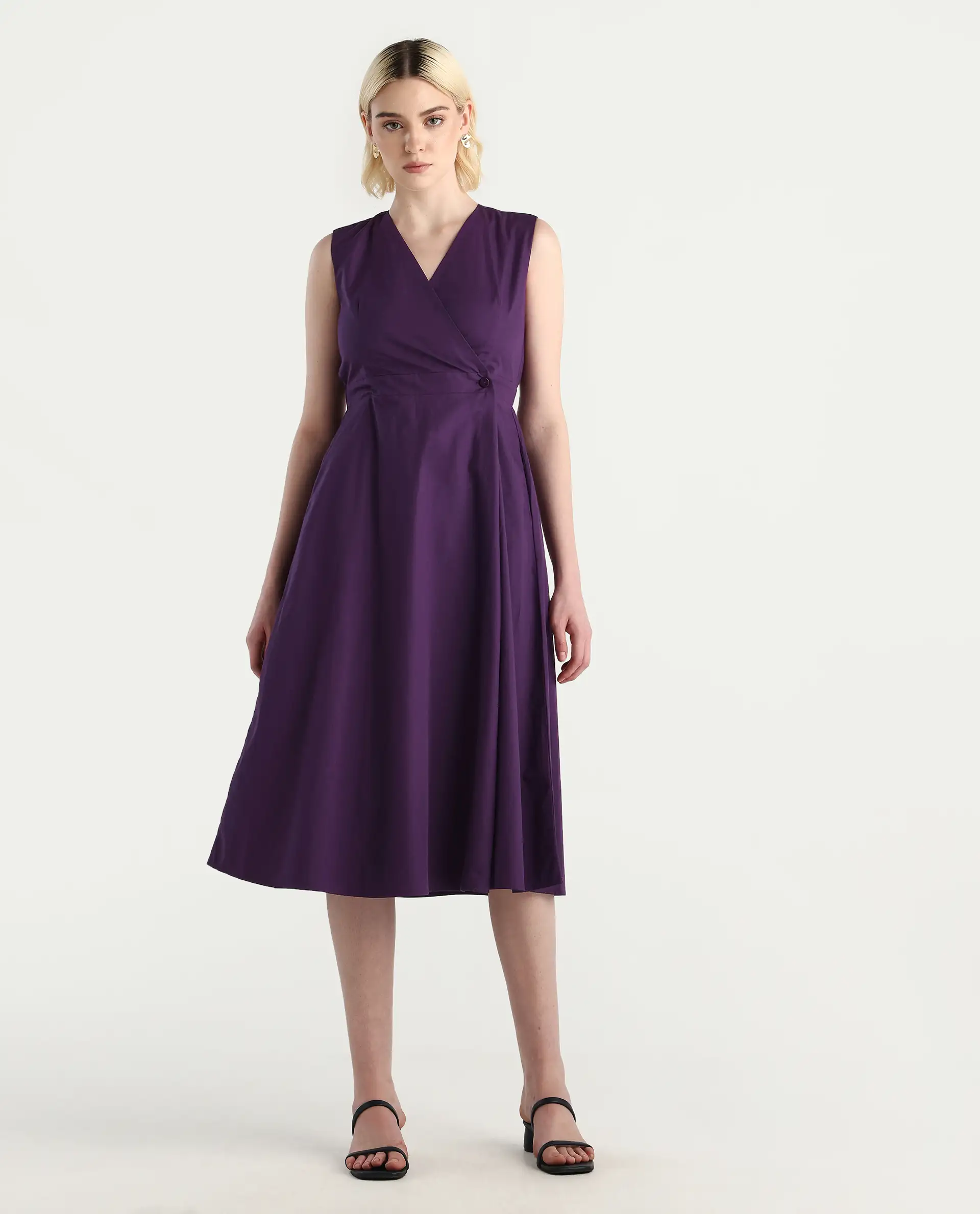 Rareism Women's Elmos Purple Cotton Sleeveless V-Neck A-Line Fit Plain Midi Dress - Image 2