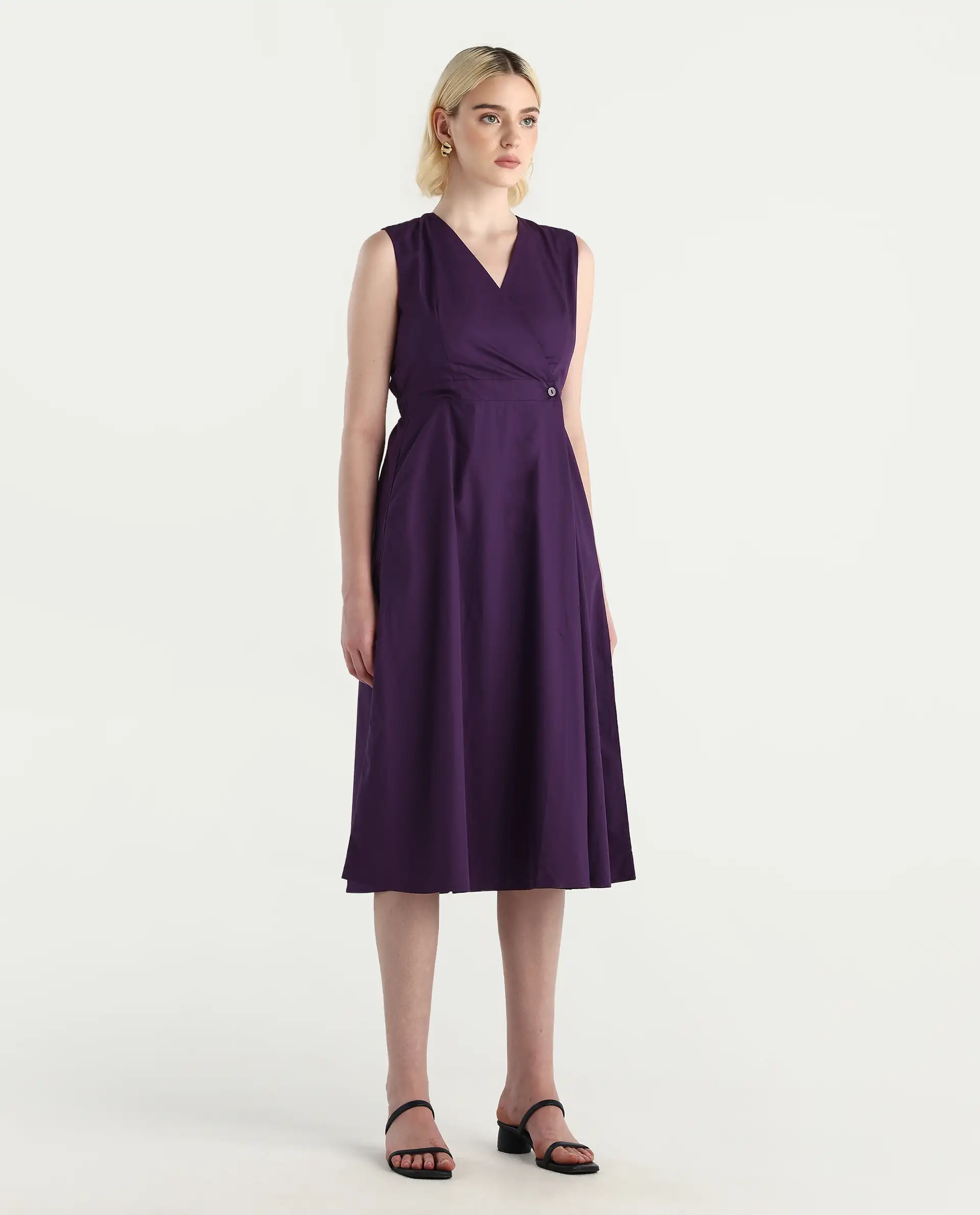 Rareism Women's Elmos Purple Cotton Sleeveless V-Neck A-Line Fit Plain Midi Dress - Image 5