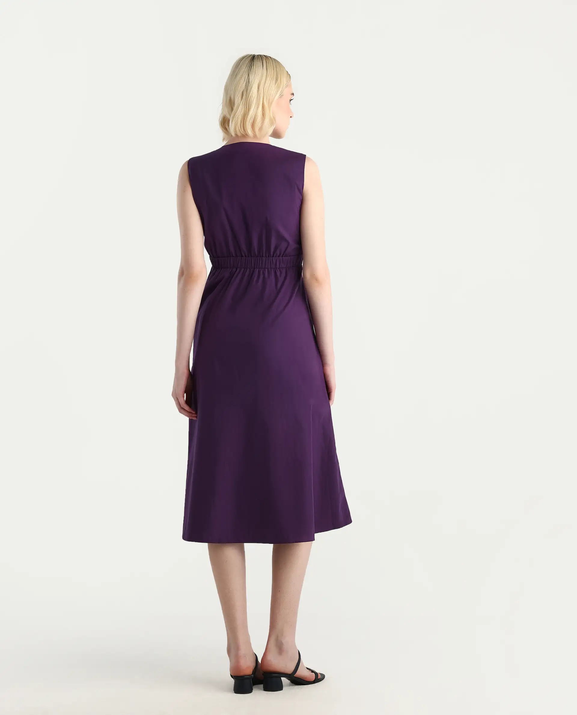 Rareism Women's Elmos Purple Cotton Sleeveless V-Neck A-Line Fit Plain Midi Dress - Image 7