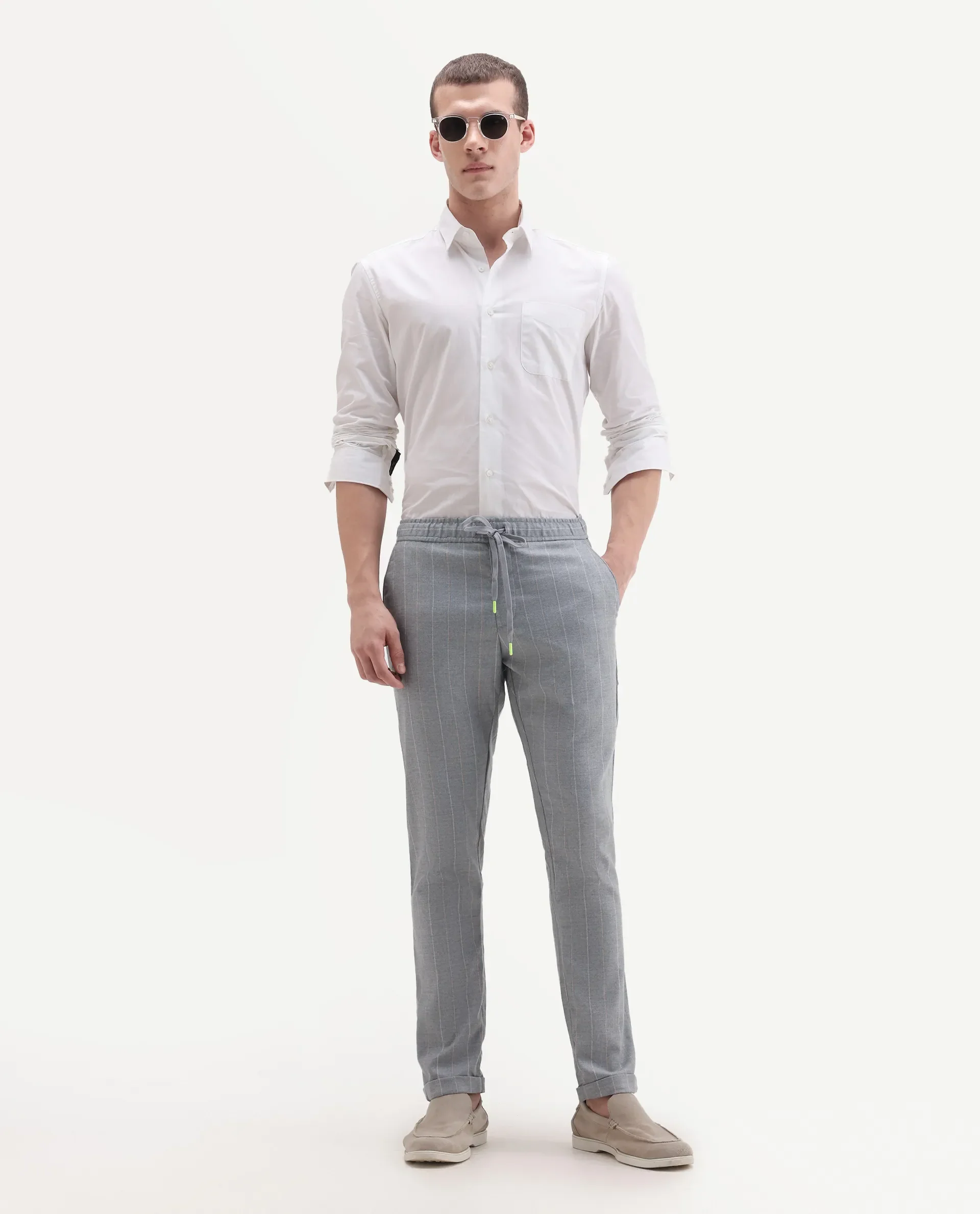 Rare Rabbit Men's Elms Grey Cotton Striped Print Regular Fit Trouser