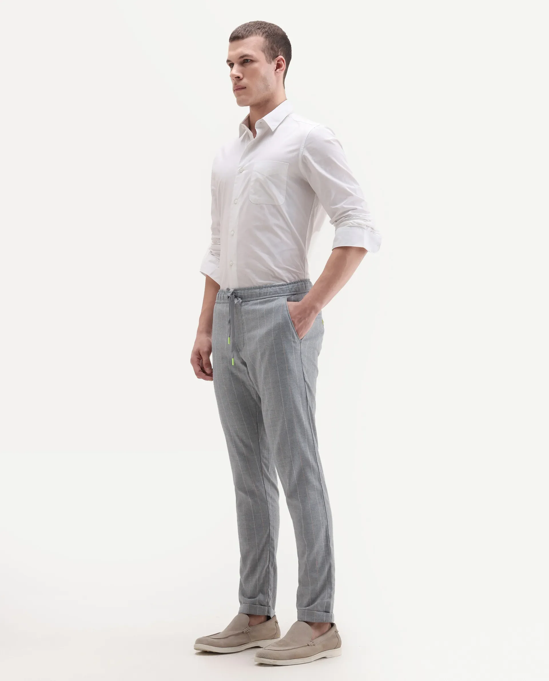 Rare Rabbit Men's Elms Grey Cotton Striped Print Regular Fit Trouser - Image 4