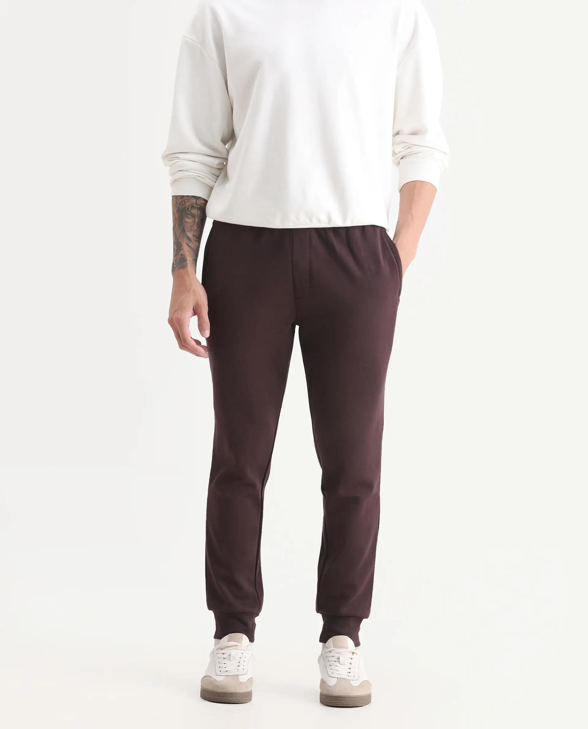 Rare Rabbit Men's Elo Maroon Cotton Plain Regular Fit Joggers - Image 2