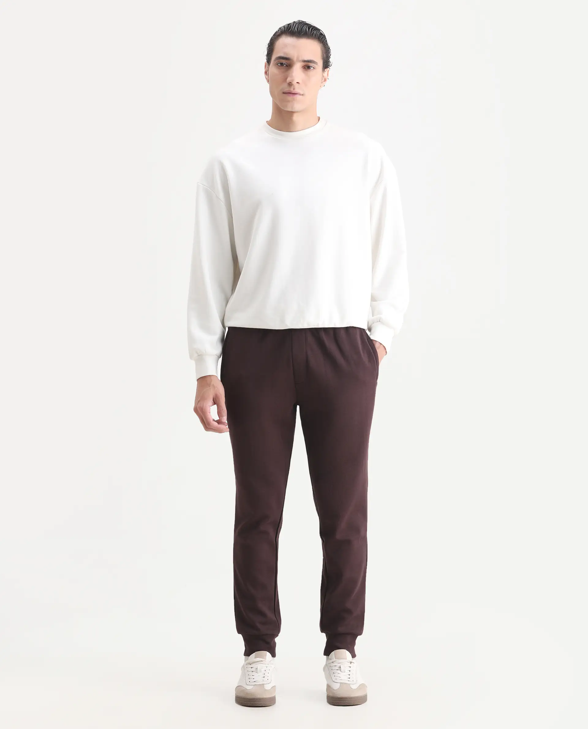 Rare Rabbit Men's Elo Maroon Cotton Plain Regular Fit Joggers - Image 5