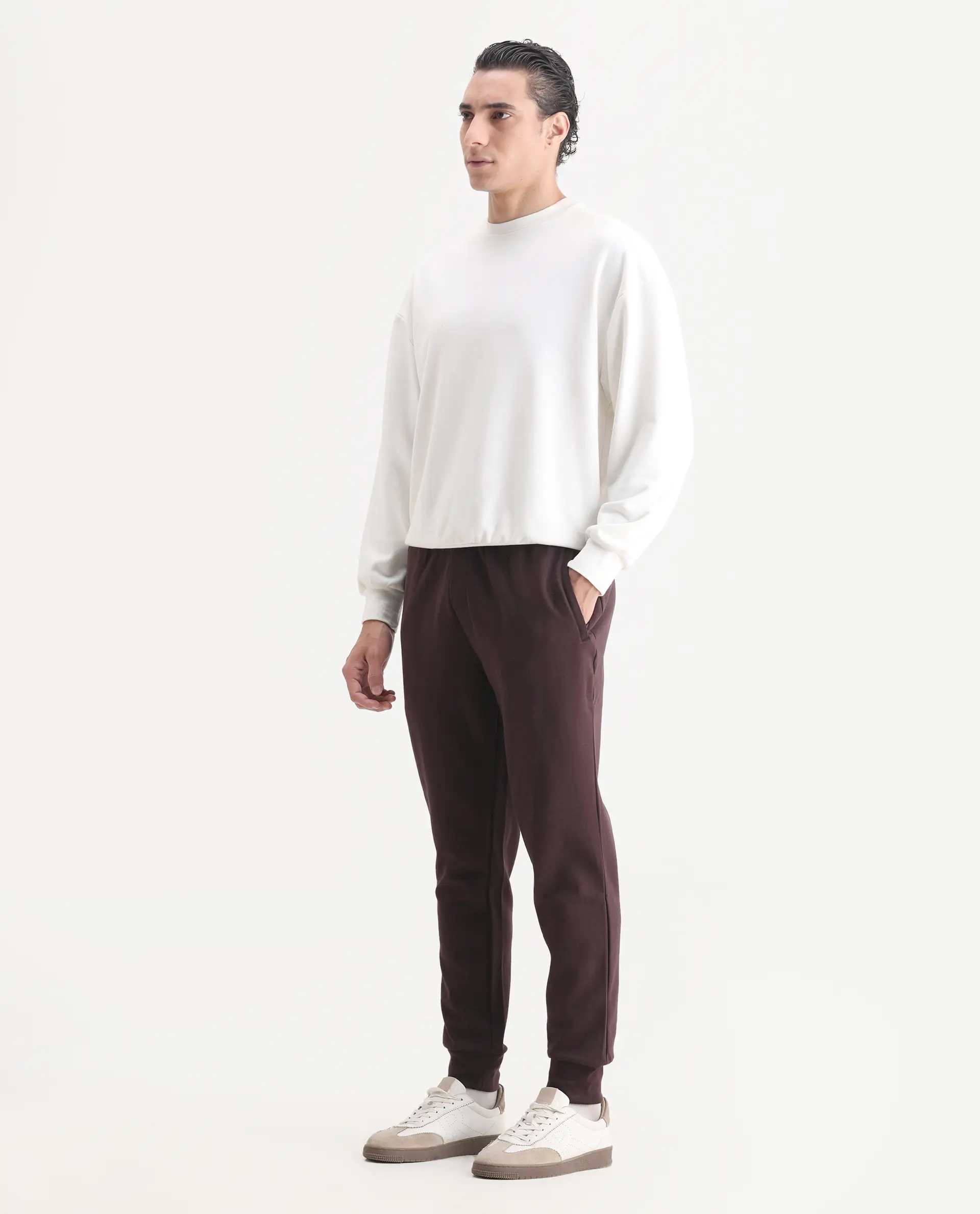Rare Rabbit Men's Elo Maroon Cotton Plain Regular Fit Joggers - Image 6