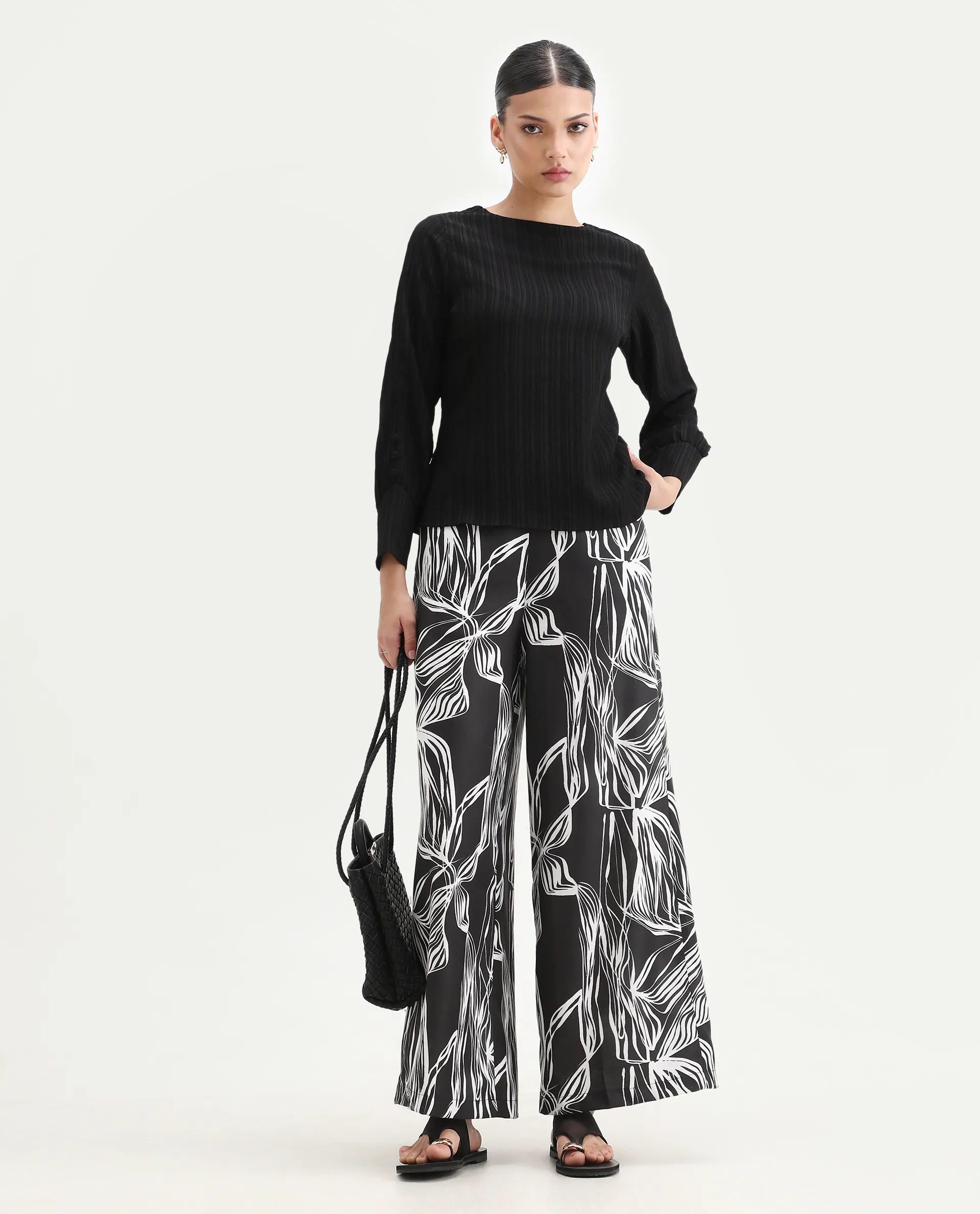 Rareism Women's Eloff-B Black Polyester Zipper Closure Wide Ankle Length Abstract Print Trouser