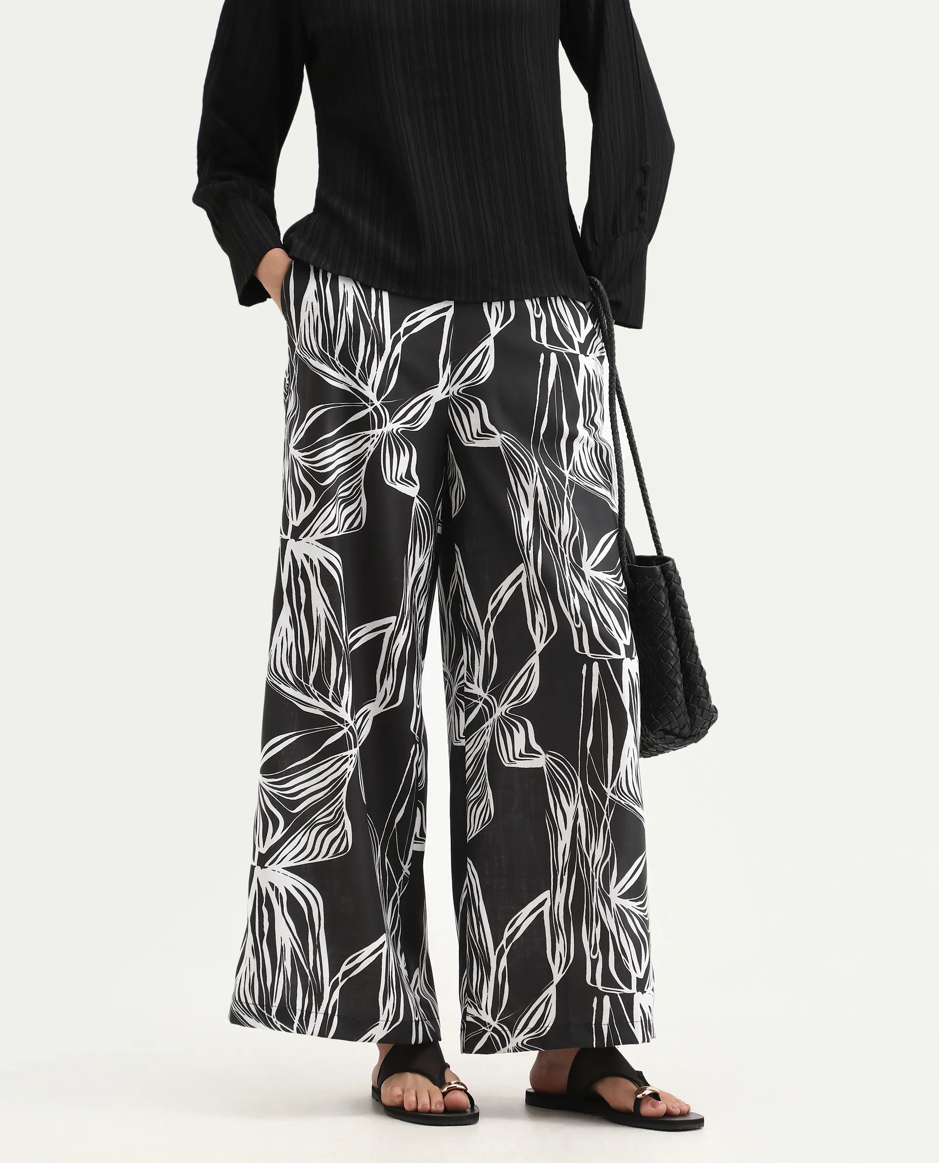 Rareism Women's Eloff-B Black Polyester Zipper Closure Wide Ankle Length Abstract Print Trouser - Image 2