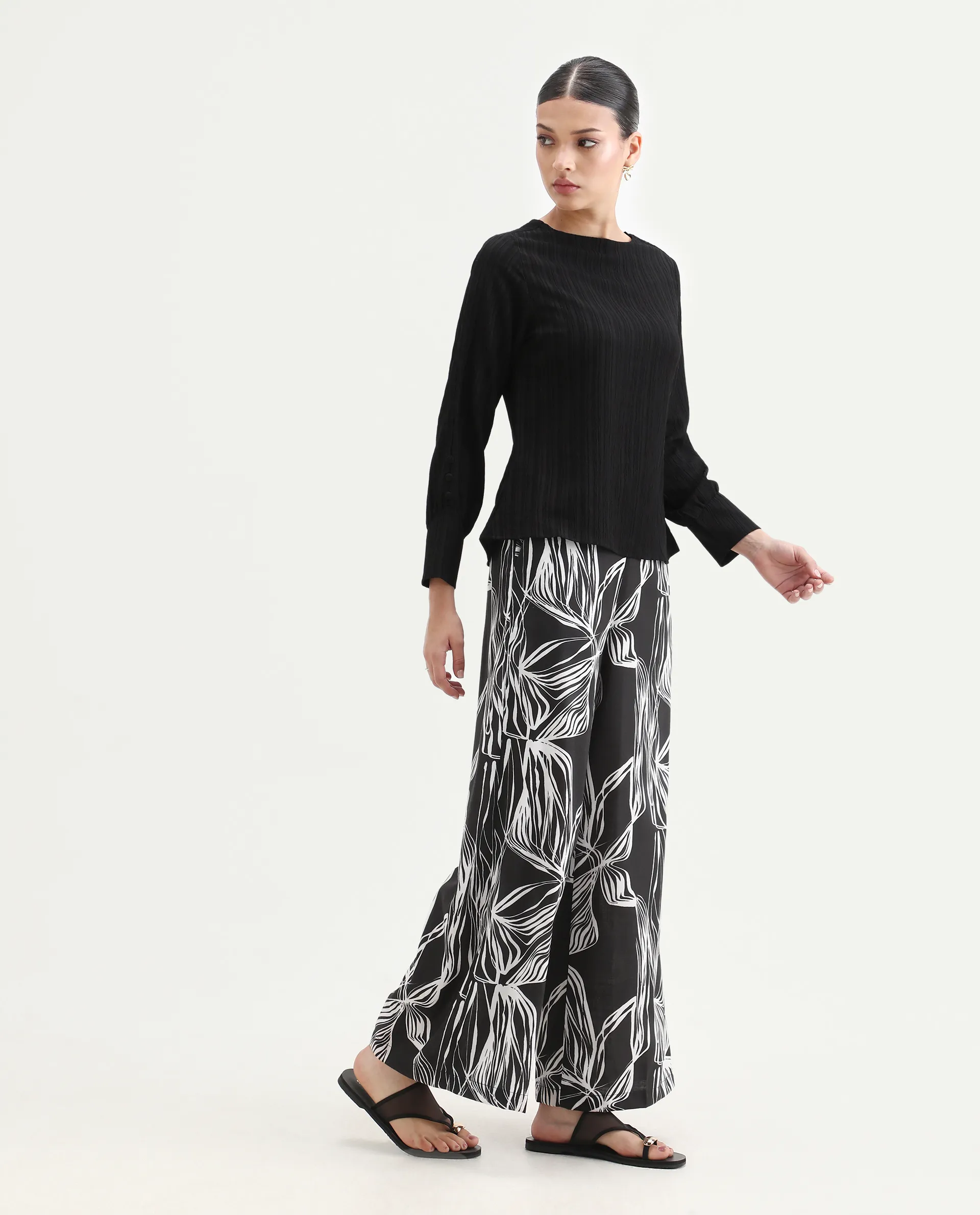 Rareism Women's Eloff-B Black Polyester Zipper Closure Wide Ankle Length Abstract Print Trouser - Image 6