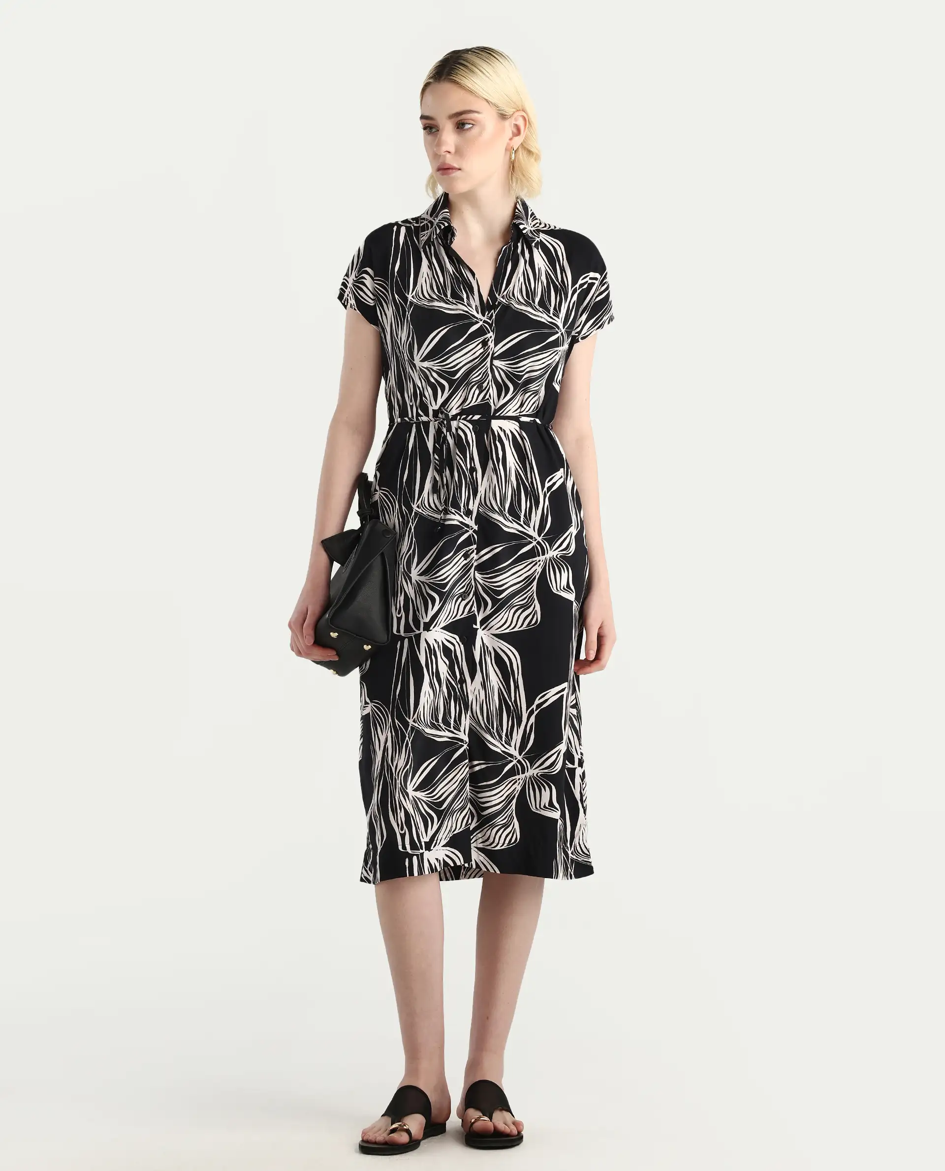 Rareism Women's Eloge Black Viscose Collared Neck A-Line Printed Midi Dress - Image 2