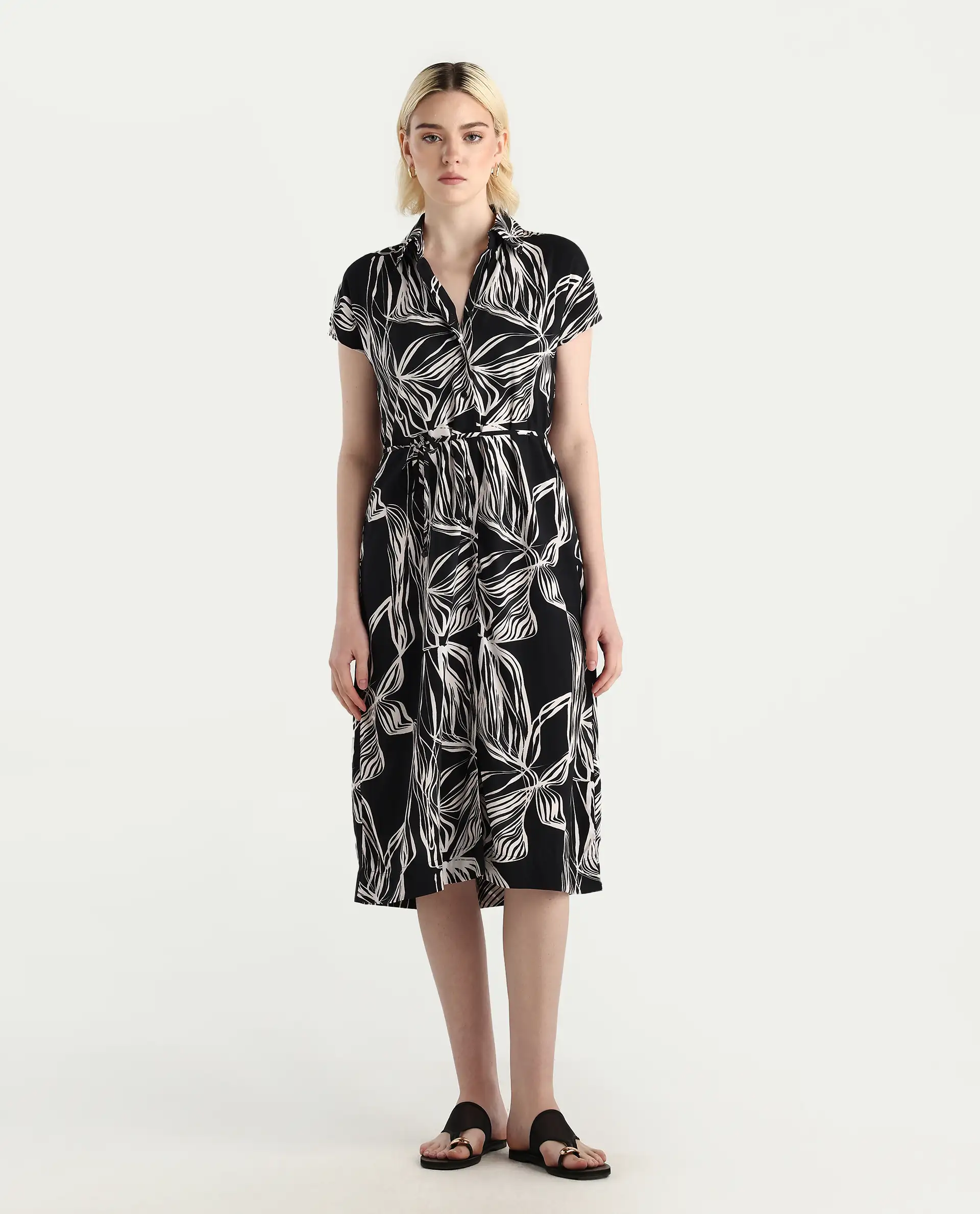 Rareism Women's Eloge Black Viscose Collared Neck A-Line Printed Midi Dress - Image 3